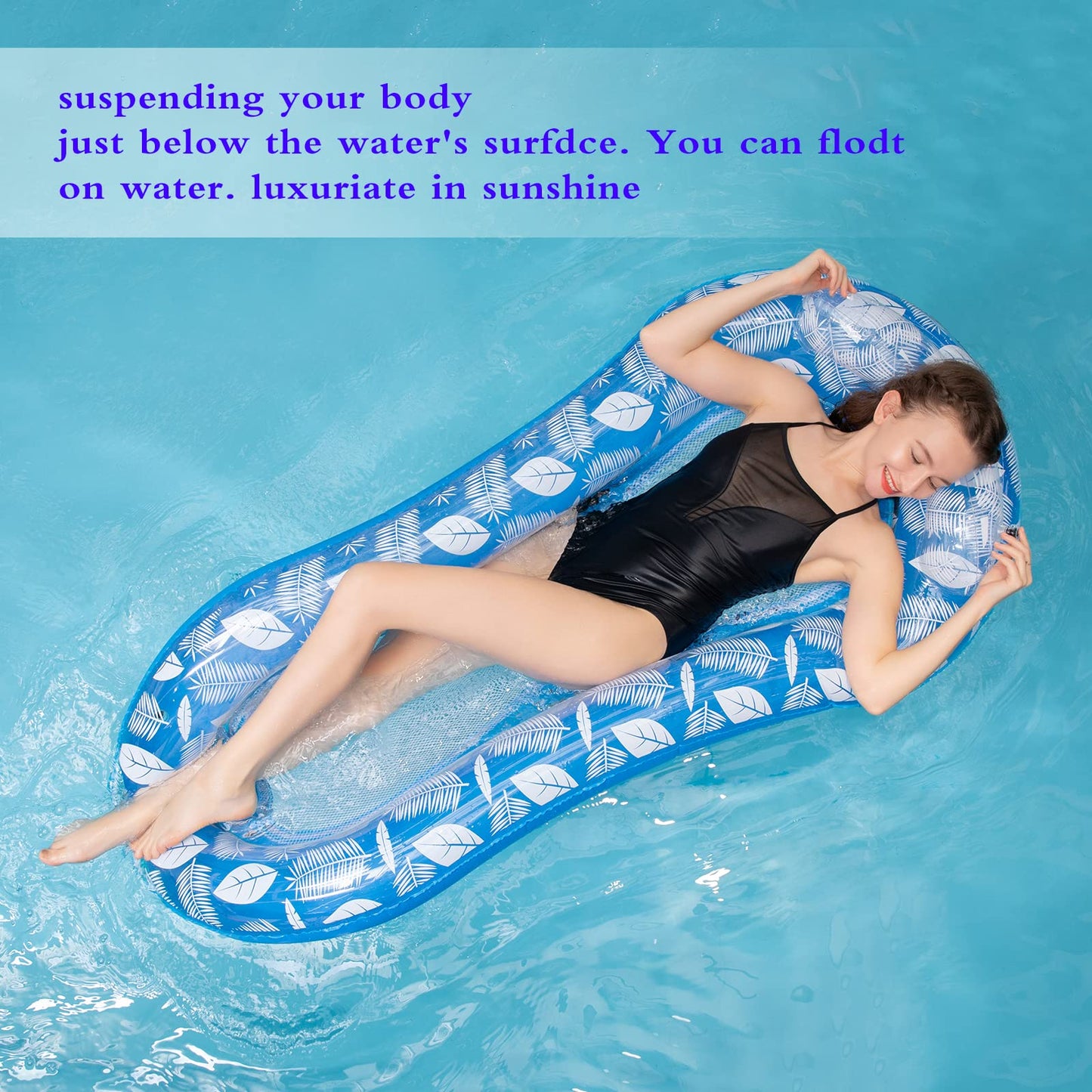 YIHELU Inflatable Pool Float Lounger, Inflatable Floating with Net, Inflatable Pool Lounge with Headrest, Swimming Pool Water Floating bed Water Hammock for Summer Outdoor Swimming Parties Blue