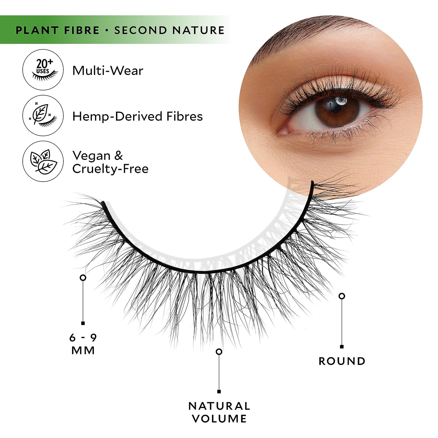 Velour Plant Fibre Lashes - A New Leaf - Hemp-Derived False Eyelashes - Lightweight, Reusable, Handmade - Wear up to 25 Times - Natural Fake Lashes - 100% Vegan, Soft and Comfortable, All Eye Shapes Second Nature