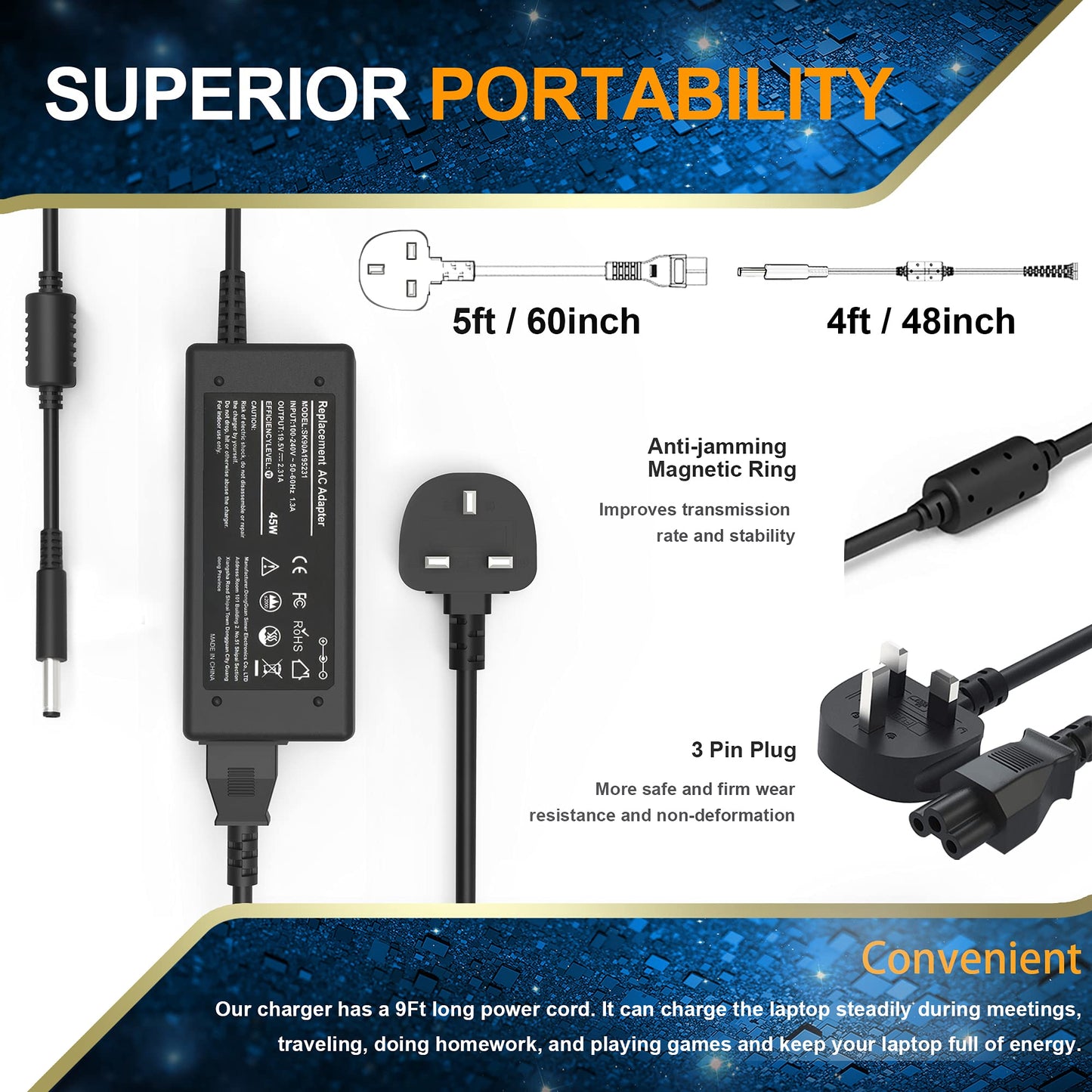 45W 65W Laptop Charger Compatible with Dell Inspiron 15 3000 5000 7000 11-3000 13-5000 13-7000 14-5000 17-7000 5570 5558 5559 7359 3452 Series Dell Vostro 14 15 Dell XPS 13 Power Cord