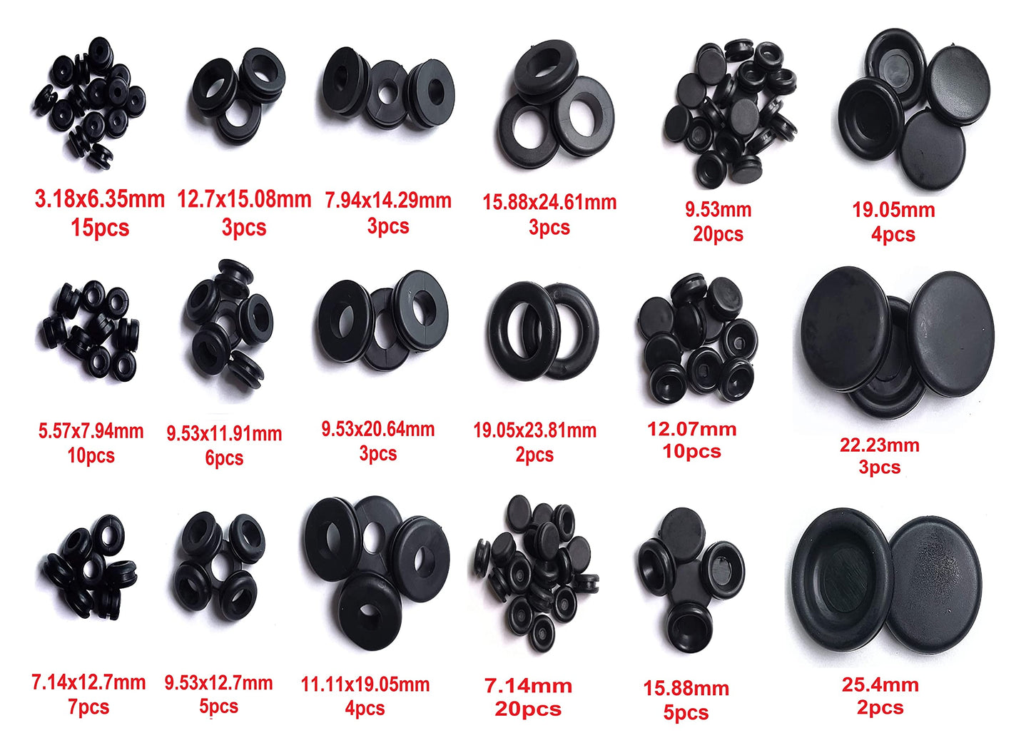 125pcs Rubber Grommet Assortment Kit 18 Sizes, Black Rubber Hole Plugs, Electrical Conductor Wiring Rubber Gaskets and Blanking Gasket Ring Grommets