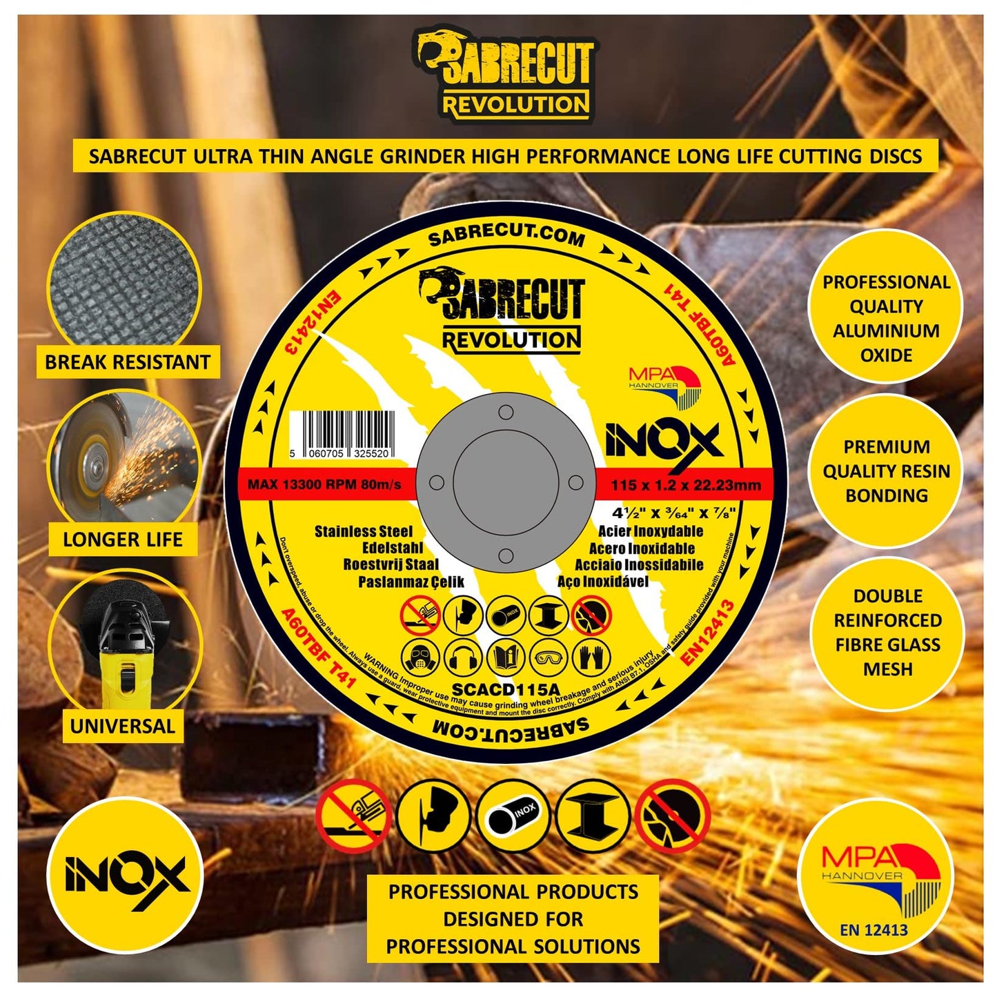 12 x SabreCut SCACD125AT 125mm (5") x 22.23mm Bore Abrasive Stainless Steel INOX Cutting Angle Grinder Circular Saw Discs Box Set Compatible with Bosch Dewalt Makita Milwaukee and Many Others