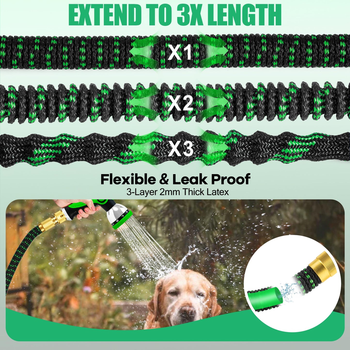 Yofidra Expandable Garden Hose, Upgraded Flexible Water Hose Pipe 3-Layer Latex, No-Kink, 10-Function Spray Nozzle, Metal Fittings (3/4" & 1/2"), Collapsible Hose Pipe 50FT for Gardening & Cleaning 50FT/15M Green