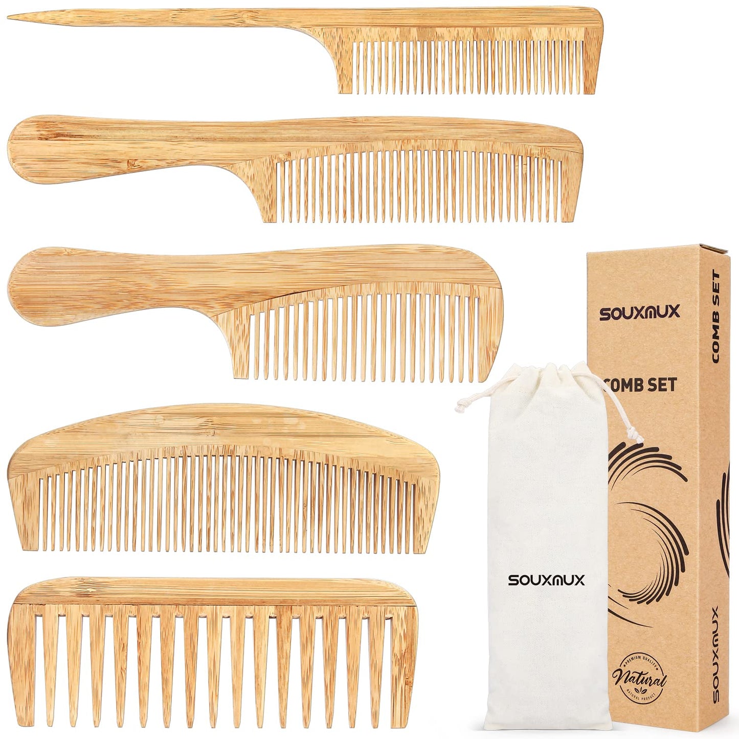 5 Pcs Comb set for Women Men Natural Handmade Bamboo Anti-Static Wide Tooth Comb Tail Combs Fine Tooth Combs Set for Long Short Thick Thin Wavy Curly Hair Hairdetangling Comb… (Natural)