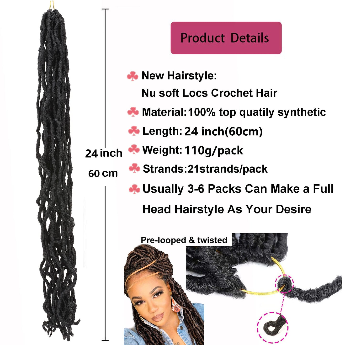 24 Inch Nu Faux Locs Crochet Hair 3 Packs 110g Pre-looped Goddess Locs Crochet Hair 21 Strands/Pack Soft Dreadlocks Synthetic Hair Extensions Natural Black 24inch-3packs