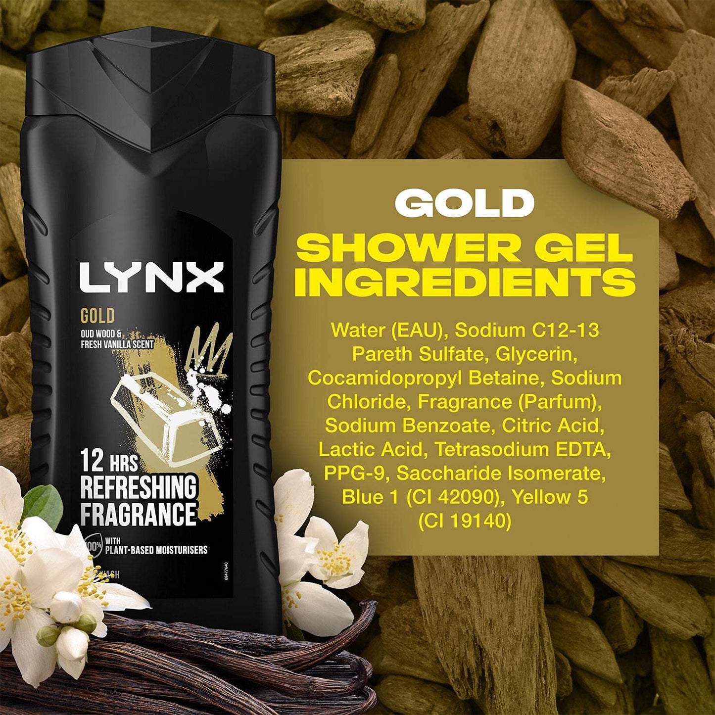 3 Pack of Lynx 12 Hour Refreshing Fragrance Gold Oud Wood and Vanilla Body wash with Plant-based Moisturisers & Dual Action Power, Keep Smelling Irresistible! 225 ml (Pack of 3)