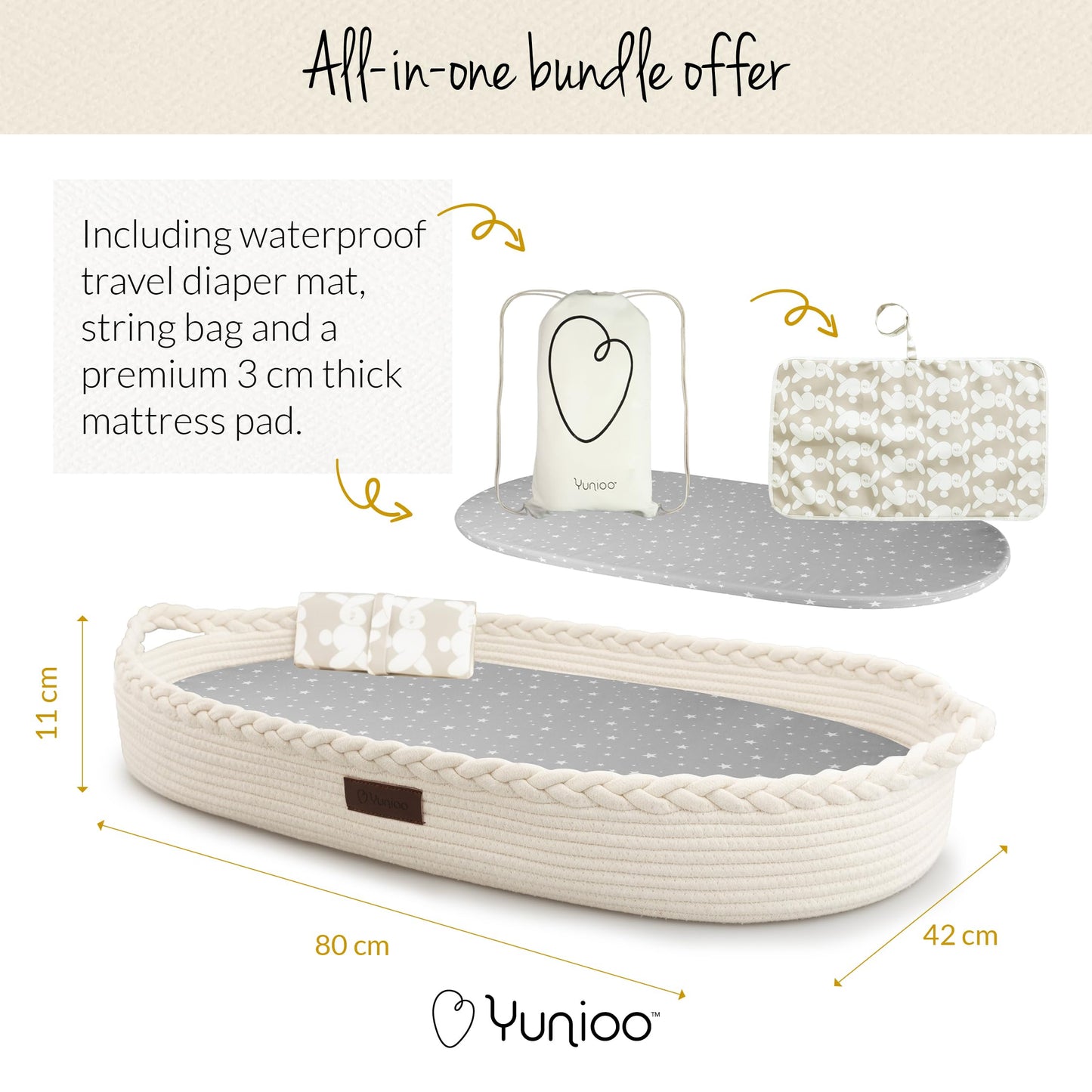 Yunioo Deluxe Baby Changing Basket with Extra Travel Changing Pad, Premium Portable Baby Changing Mat with Ultrasoft Cover, Cotton Rope Baby Basket, Changing Table Topper for Dresser (White) White