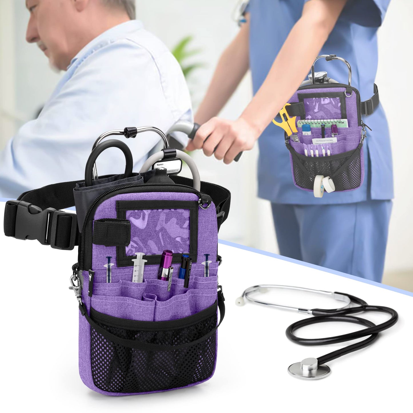 Trunab Vet Nurse Pouch with Multiple Pockets, Nurse Waist Bag Fanny Pack with Adjustable Waist Strap for Stethoscope, Scissors and Other Medical Supplies, Purple - Patented Design