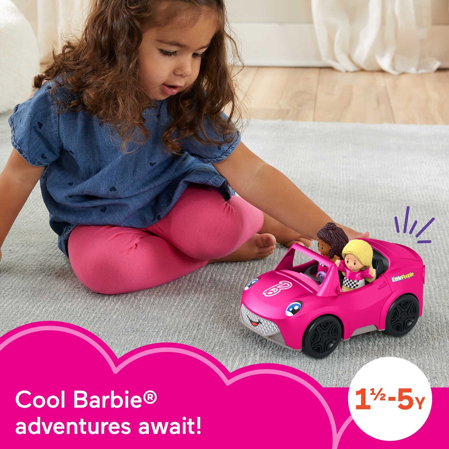 Barbie Convertible by Fisher-Price Little People, push-along vehicle with sounds and 2 figures for toddler and preschool pretend play, HJN53