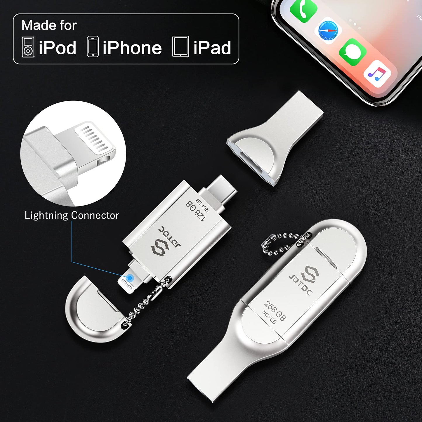 Apple MFi Certified 512GB Photo-Stick-iPhone-External-Storage iPhone 16/15/14/13/12 Memory Stick iPhone-Backup-Drive USB C iPhone-Thumb-Drive iPad-USB-Flash-Drive Photo-Storage-Stick-iPhone Android Silver