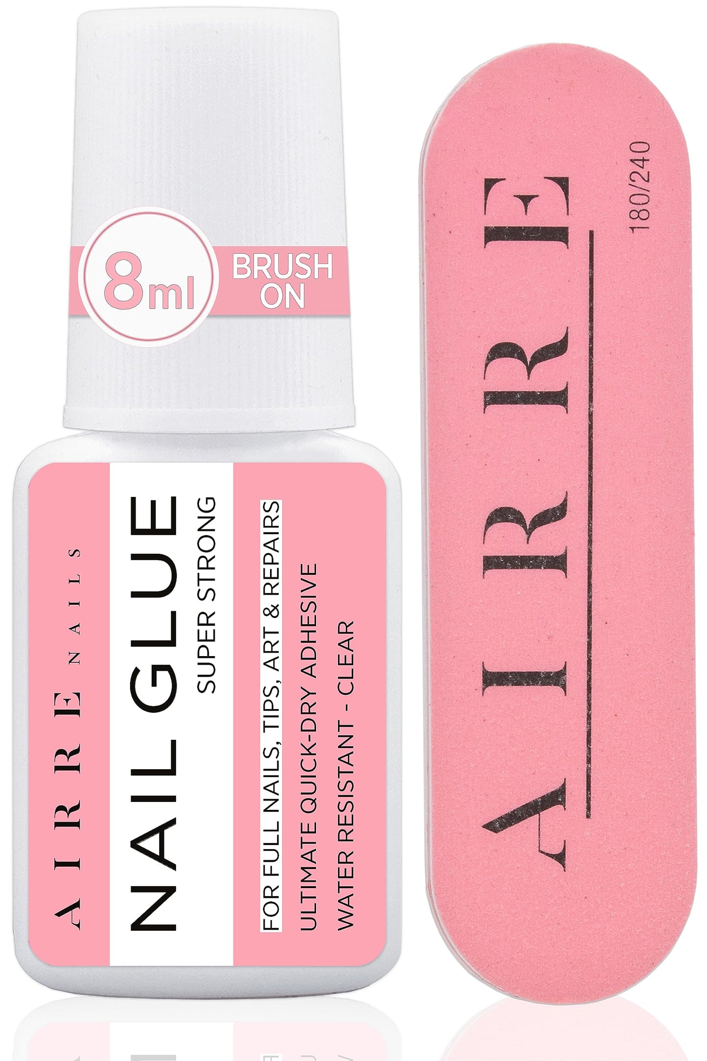 AIRRE Extra Strong Nail Glue for Nail Tips, Press-On Nails & Acrylic Nails (8ml) Brush-On Nail Glue & File for Glue-On Fake Nails, Fix Broken Nail Repair. Acrylic Nail Glue Nail Bond Nail Glue Gel