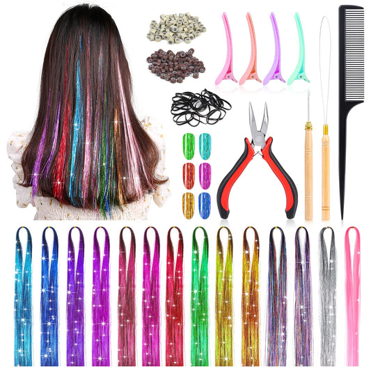 14 Colors 3000 Strands Hair Tinsel Extensions, 47 Inch Glitter Hair Extension Fairy Hair Tinsel Strands Kit, Holographic Dazzle Colour Straight Hair Extensions for Women Girls Party Cosplay