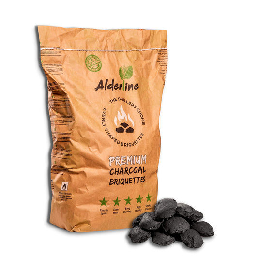 Alderline Premium Charcoal Briquettes (4kg) - Perfect for slow BBQ sessions - Ready in 15 Minutes, Pillow-Shaped, Up to 300°C, 4+ Hour Burn Time - 100% Natural, Sustainable Charcoal for Grilling 4kg