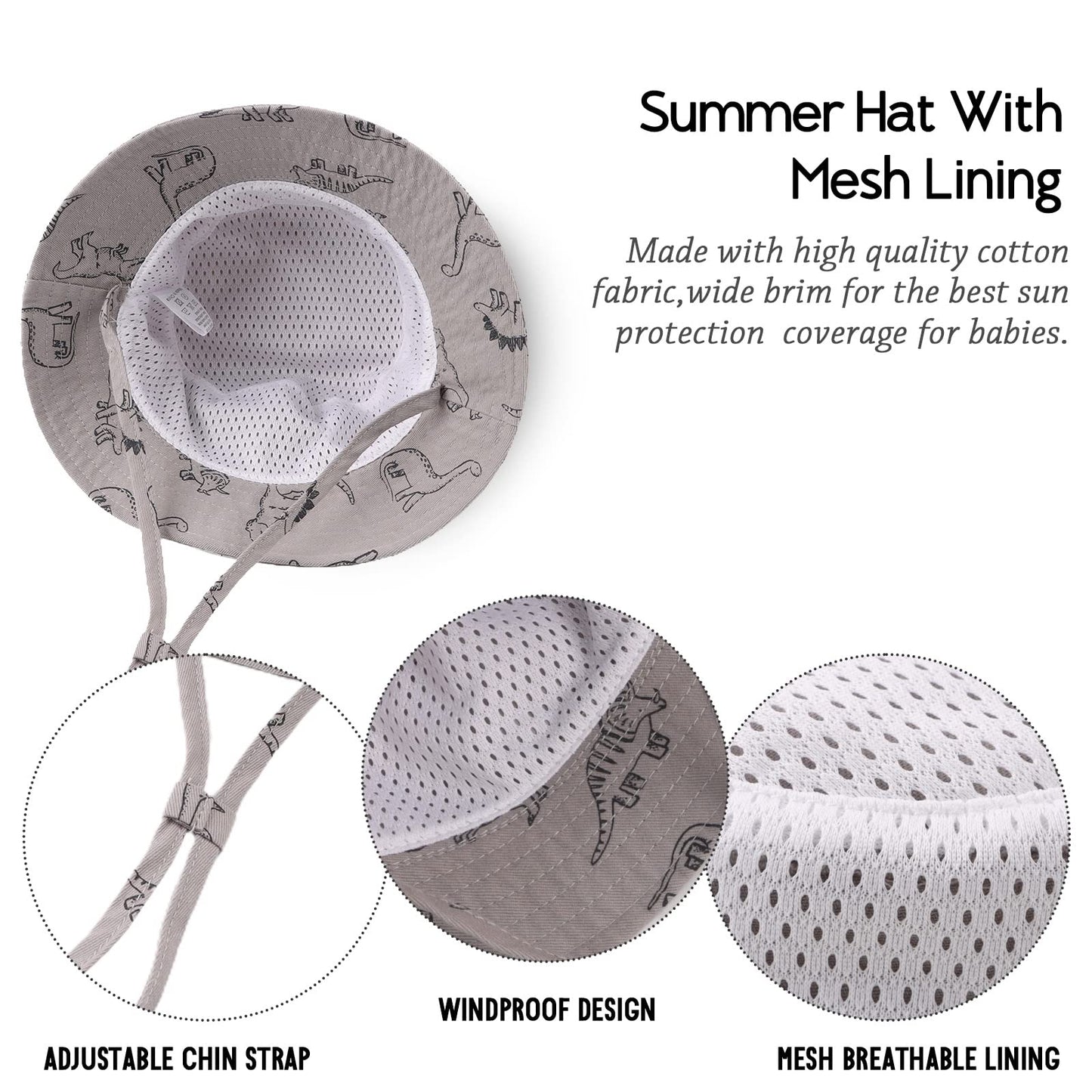 XIAOHAWANG Baby Boy Sun Hat Infant Toddler Dinosaur Bucket Hats Summer Baby Boys Beach Caps 0-3 Months Gray Dinosaur