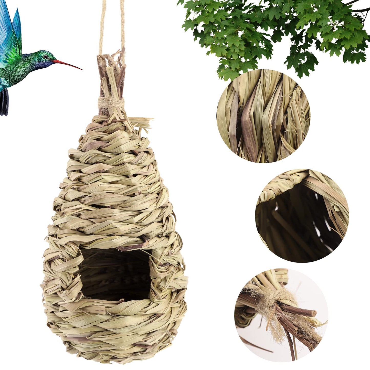 3 Pcs Bird Nest,Hummingbird House for Outside Hanging,Roosting Pouches for Birds,Grass Hanging Wren Finch Song Birds House for Nesting,Hand Woven Bird Nesting Boxes,for Garden Decoration,24x10.5 cm 3 Pcs Bird Nest