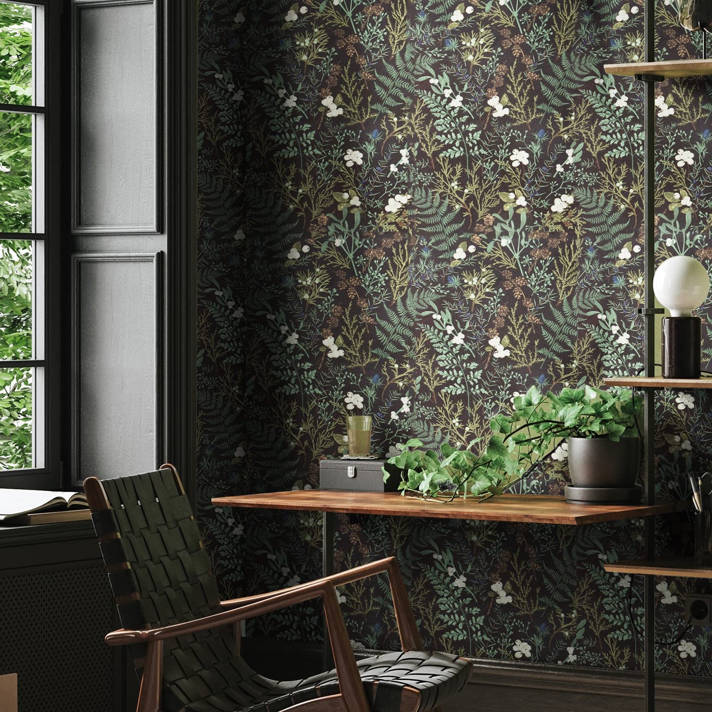 VaryPaper Botanical Wallpaper Self Adhesive Contact Paper Black Green Wall Art Deco White Flower Wall Covering for Living Room Furniture Vinyl Wrap Kitchen Cupboard Stickers Leaves Wall Paper 45cm×3m 44.5cmx300cm