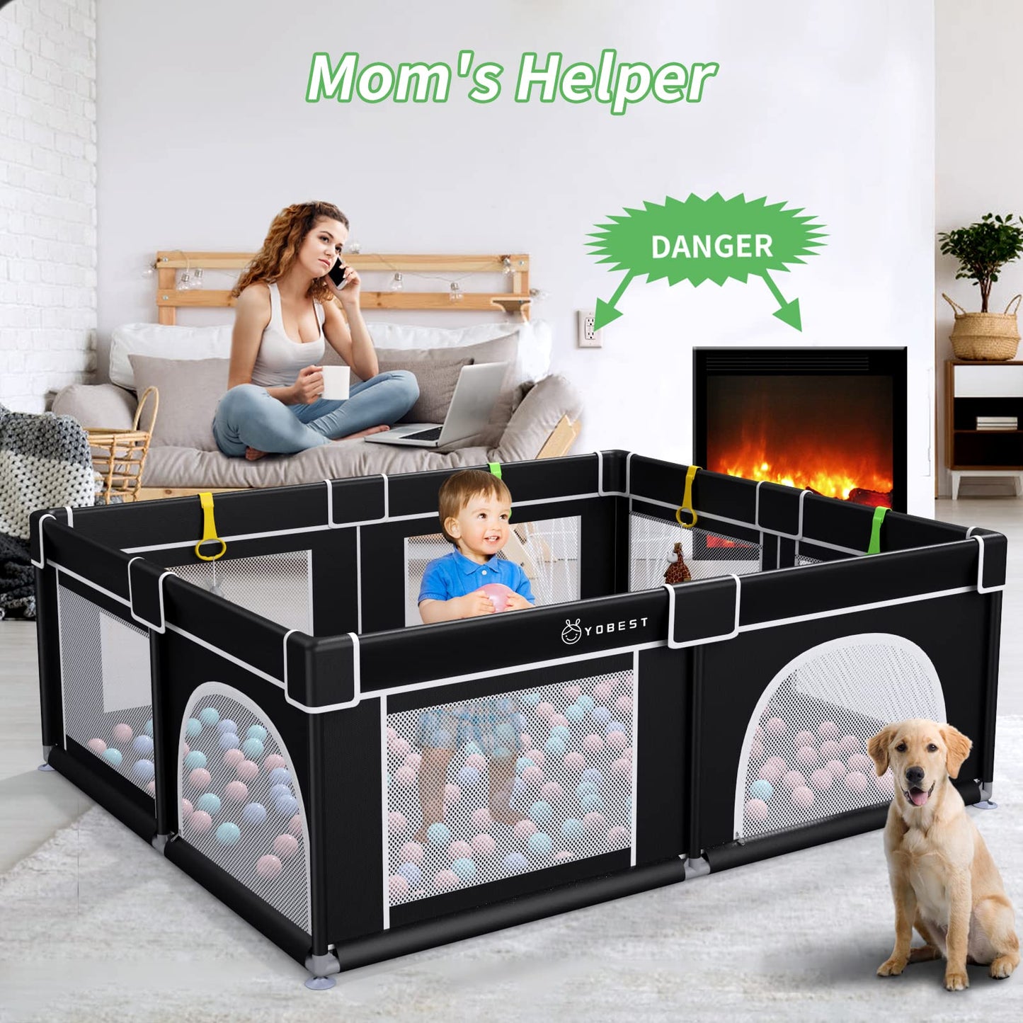 YOBEST Baby Playpen, Extra Large Playyard for Baby, Play Pens for Babies and Toddlers, Sturdy Safety Huge Baby Fence Play Area Center with Gate, Giant Play Yard for Kids, Twins, Child, Infants 150x180x68cm Black