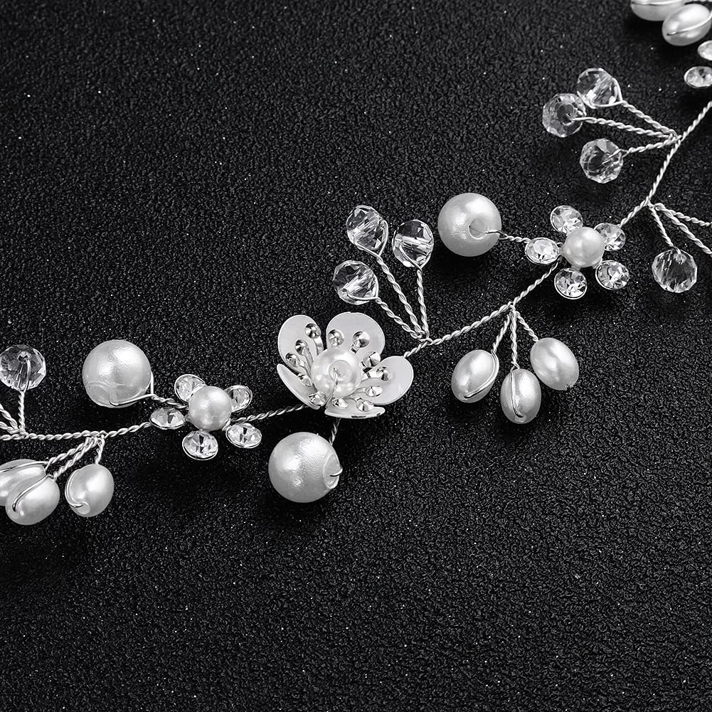 Uongeod Crystal Pearl Bridal Headband Bohemian Headpiece Leaf Hair Vine Flower Wedding Hair Accessories(Silver) Silver