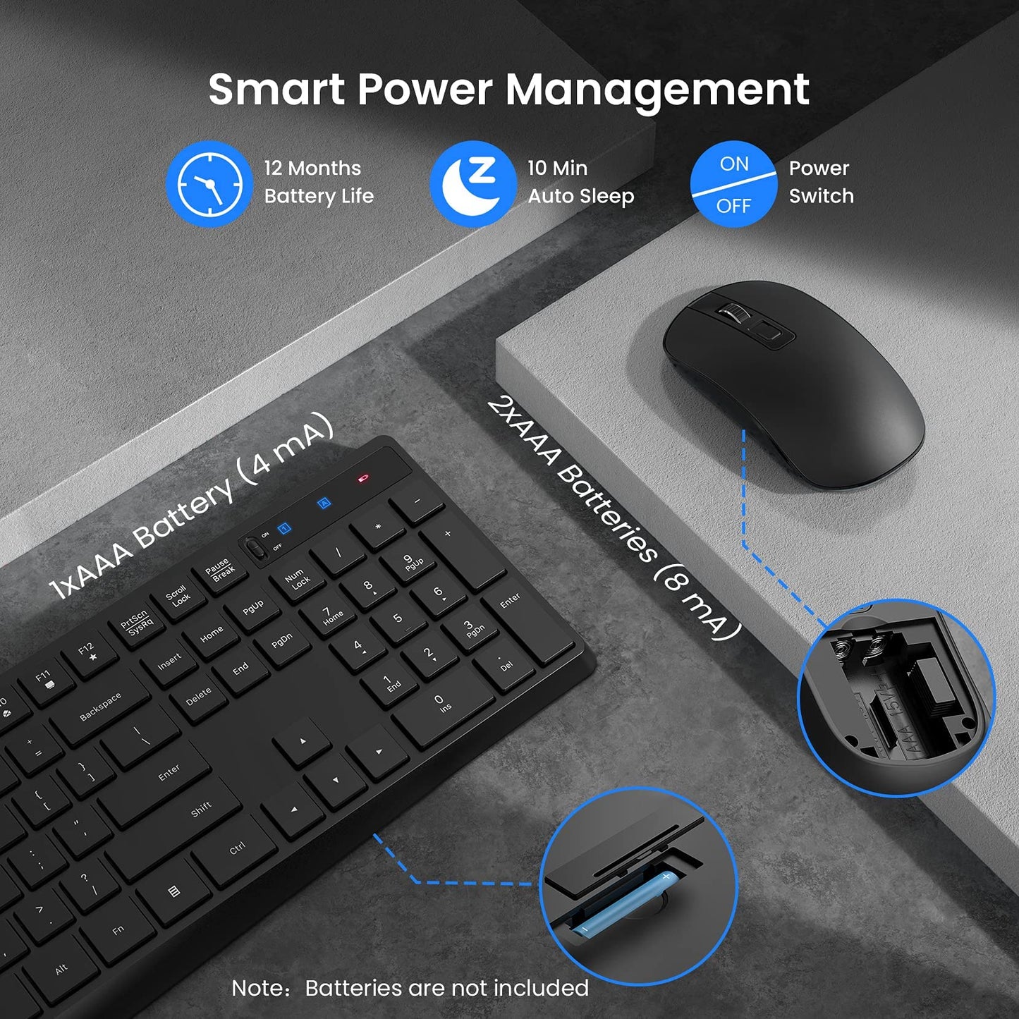 Wireless Keyboard and Mouse Set, Full Size Wireless Keyboard Ergonomic Design & Quiet USB Cordless Mouse Combo UK Layout, 12 Multimedia Shortcuts for Windows Computer PC Laptop Desktop,Black Black