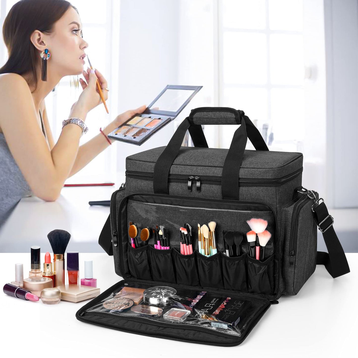 BAFASO Large Makeup Bag Cosmetic Bag with Removable Dividers, Travel Makeup Case Holds Cosmetics, Black