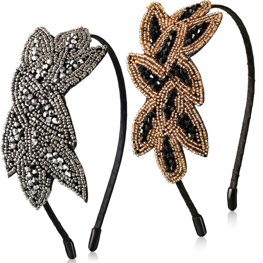 2 Pieces Flapper Headband 1920s Hair Accessories for Women Flapper Headpiece Leaf Beaded Vintage Hair Accessories Vintage Headbands for 20s Costume Party (Silver, Black-gold) Silver, Black-gold