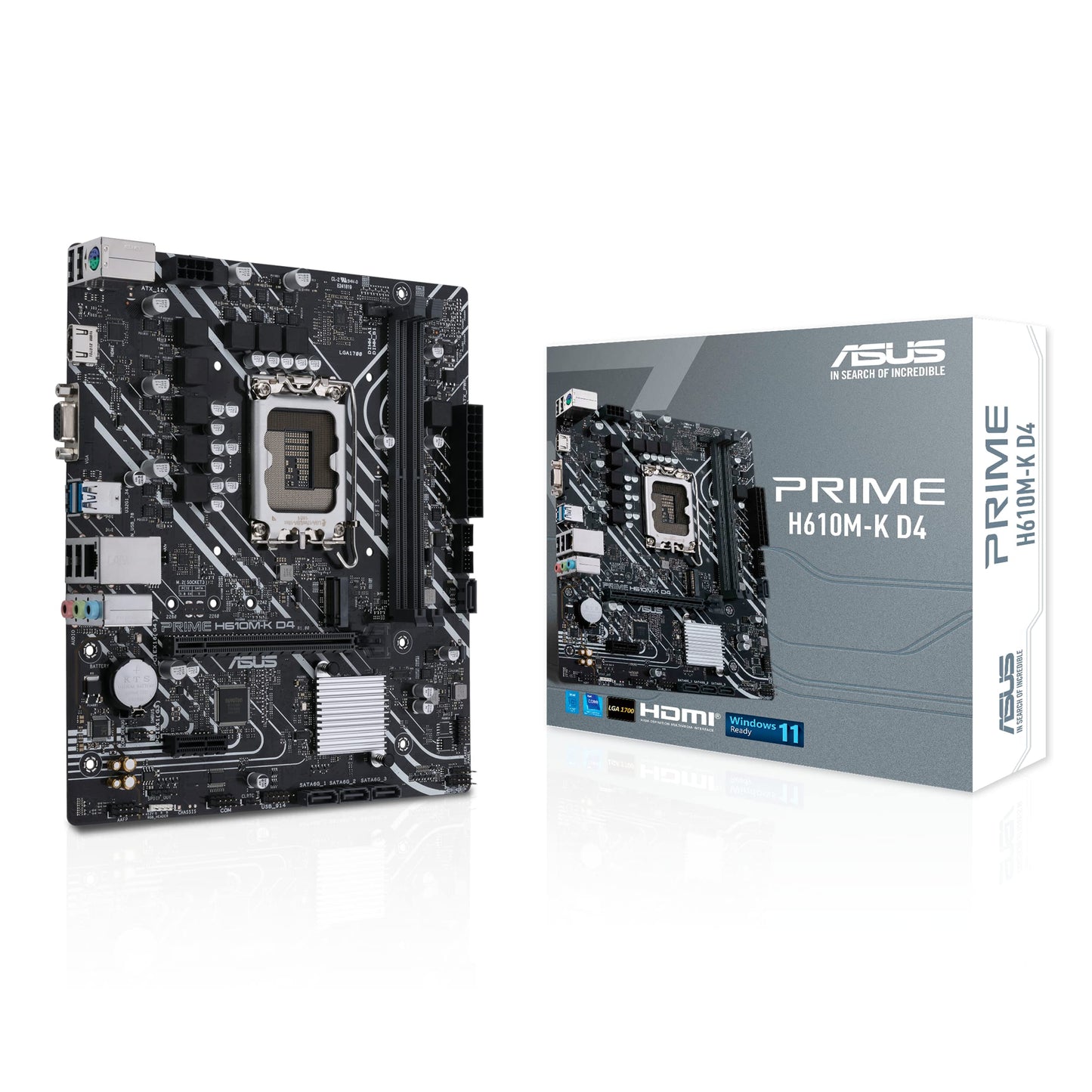 ASUS Prime H610M-K D4 Intel H610 (LGA 1700) mic-ATX motherboard with DDR4, PCIe 4.0, M.2 slot, Realtek 1 Gb Ethernet, HDMI, D-Sub,USB 3.2 Gen 1 ports, SATA 6 Gbps, COM header, RGB header