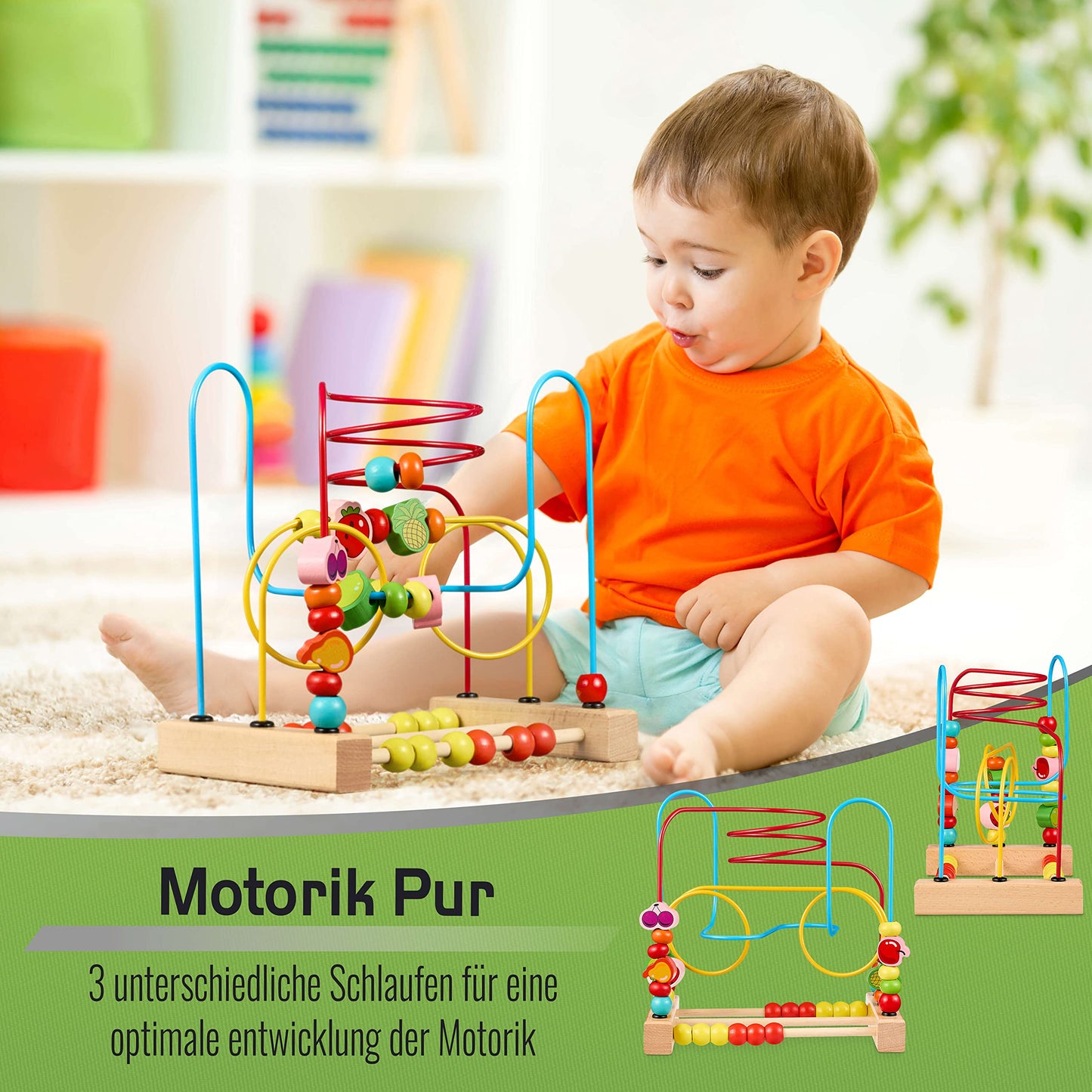 Balinco MOTORIC SLIDE, Wooden Toy Bead Maze with Obstelements & Bead Slider. Baby toy 6 months