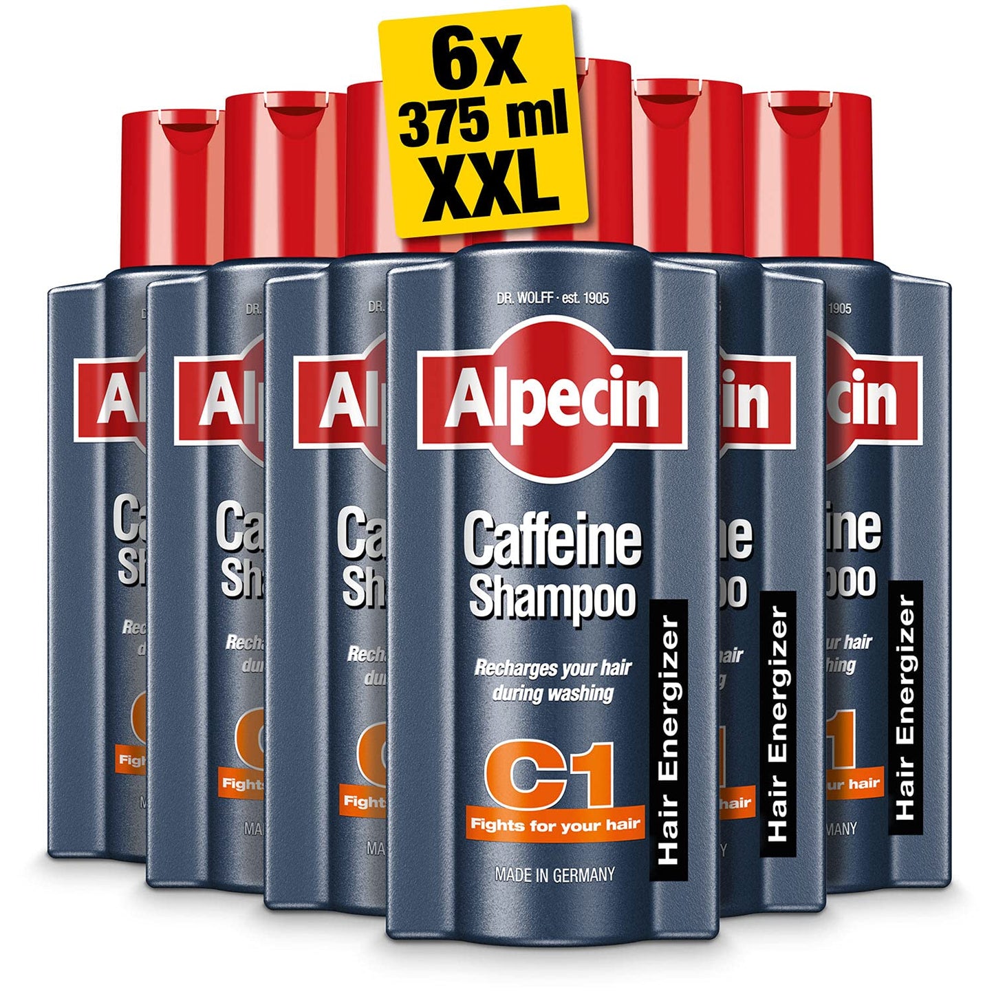 Alpecin Caffeine Shampoo C1 6x 375ml | Against Thinning Hair | Shampoo for Stronger and Thicker Hair | Natural Hair Growth Shampoo for Men | Hair Care for Men Made in Germany