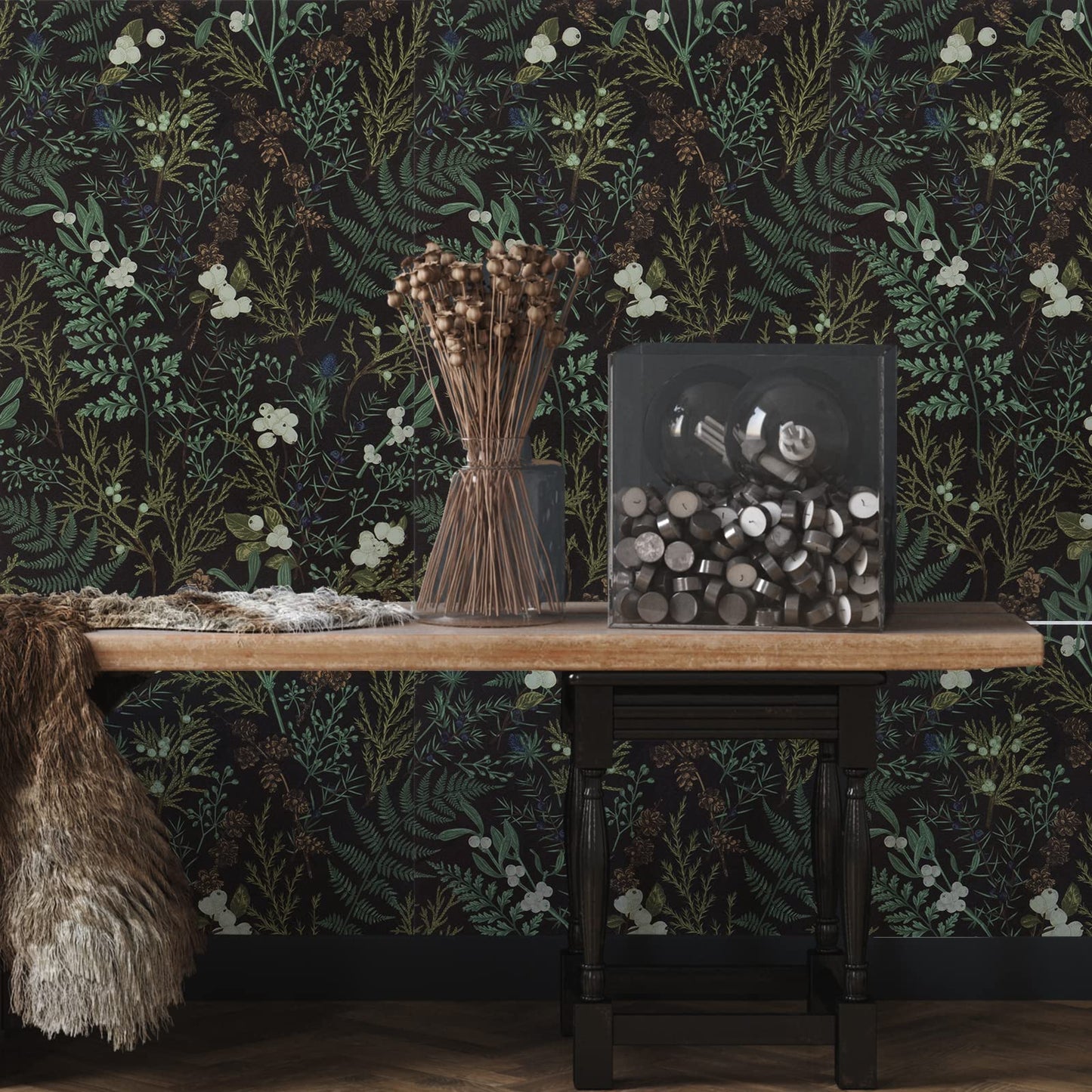 VaryPaper Botanical Wallpaper Self Adhesive Contact Paper Black Green Wall Art Deco White Flower Wall Covering for Living Room Furniture Vinyl Wrap Kitchen Cupboard Stickers Leaves Wall Paper 45cm×3m 44.5cmx300cm