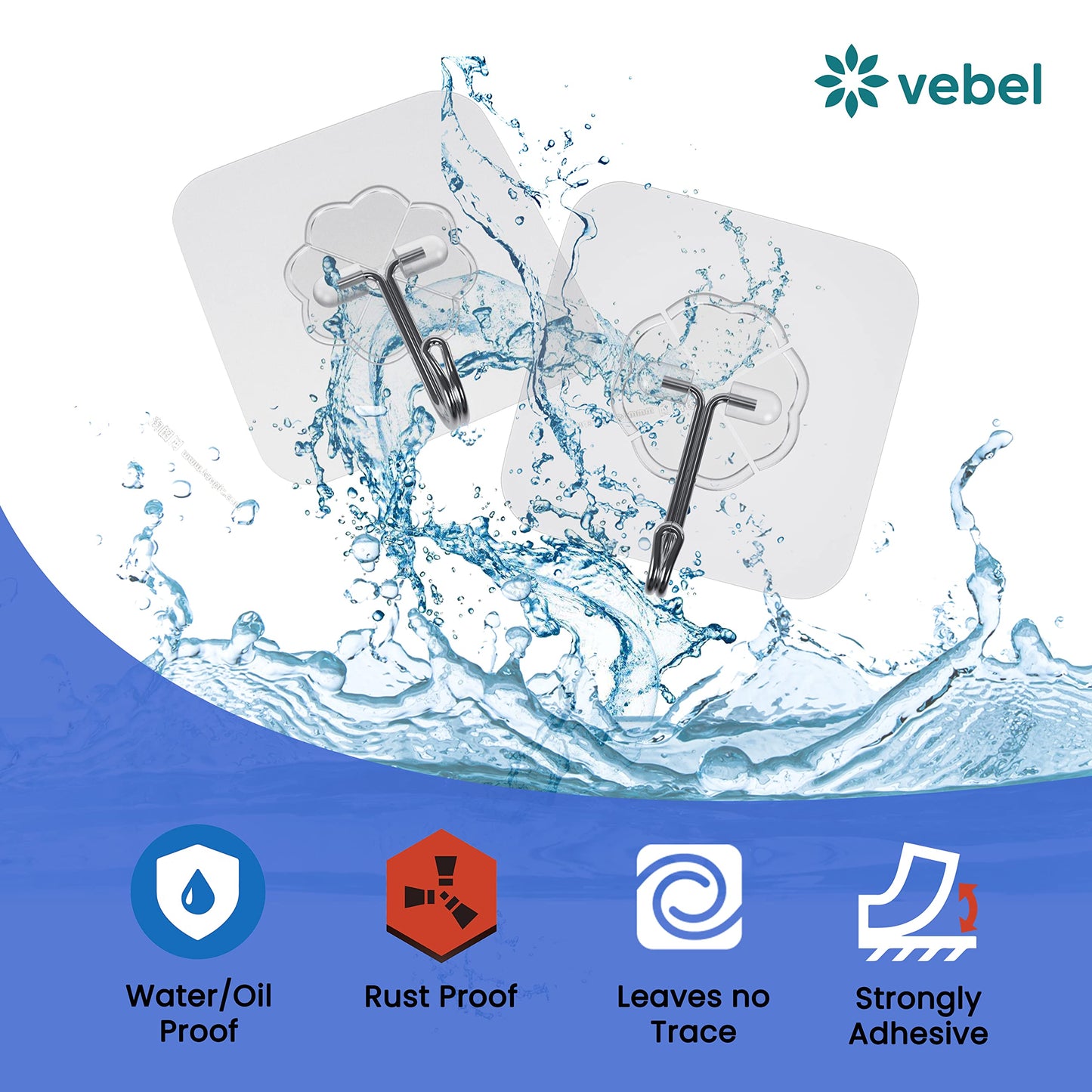 VEBEL Hooks (12 pcs)| Self Adhesive Hooks| Wall Hooks for Hanging| Sticky Hooks Extra Strong| Stick on Hooks Heavy Duty| Sticky Hooks for Hanging| Wall Hooks Stick on| Bathroom, Kitchen, Door Hooks