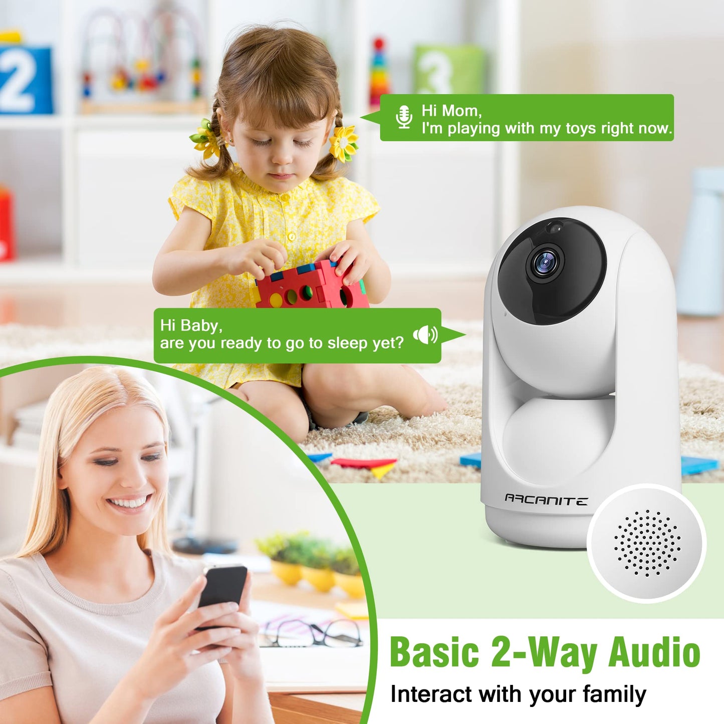 ARCANITE 1080P Wireless Home Security WiFi IP Camera for Baby, Pet, Nanny Monitoring. App for Pan-Tilt-Zoom controls, Motion Detection Follow, Night Vision, 2-Way Audio, MicroSD Card Slot, White