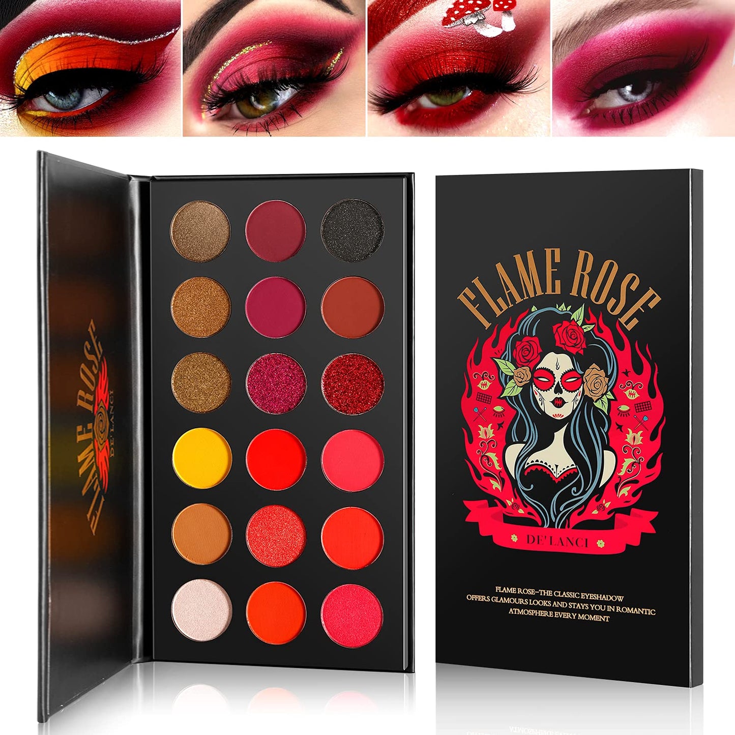 Afflano Red Eyeshadow Palette Highly Pigmented, Long Lasting True Red Eye Shadow Halloween Makeup Pallet 18 Color, Matte Shimmer Brown Black Red Yellow Sunset Warm Fall Eye Shade Cruelty Free