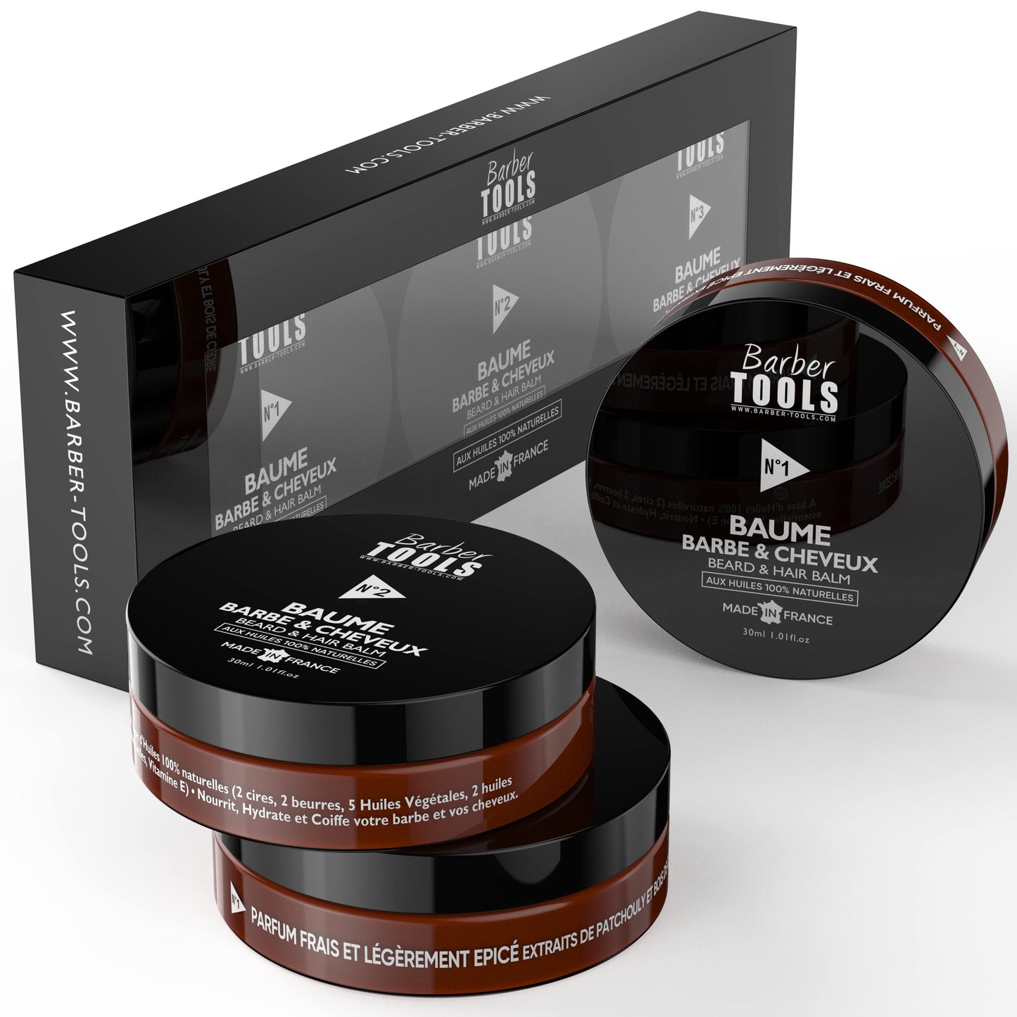 BARBER TOOLS Beard Balm Set N°1/2/3, 3x30 ml with 100% Natural Oils - Made in France - Nourishes, Hydrates, Textures