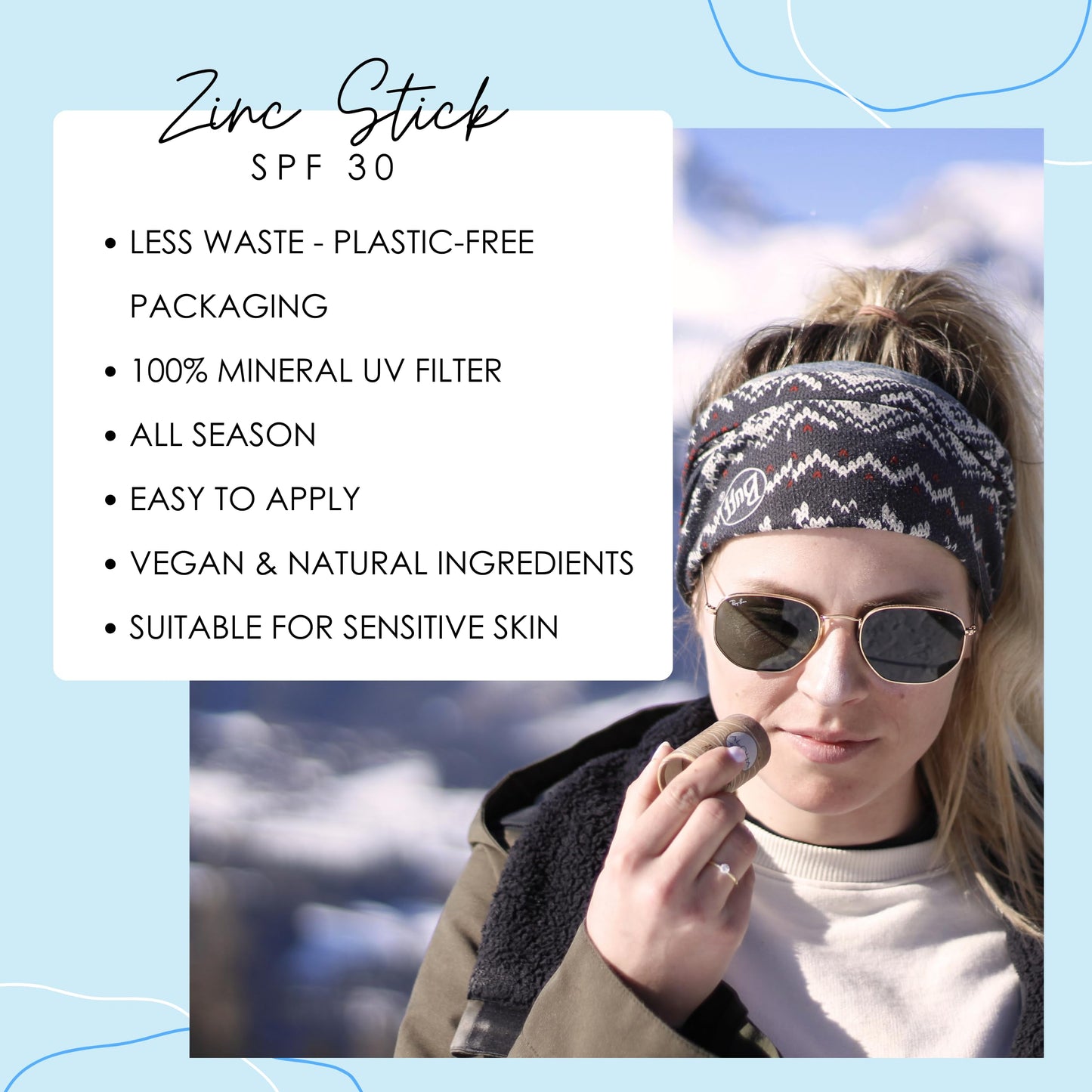 Alpine Ski Sun Cream and Lip Balm 2 in 1, Ski Sun Block Zinc Stick SPF 30, Plastic-Free Ski Sunscreen, Face & Lips SPF for skiing