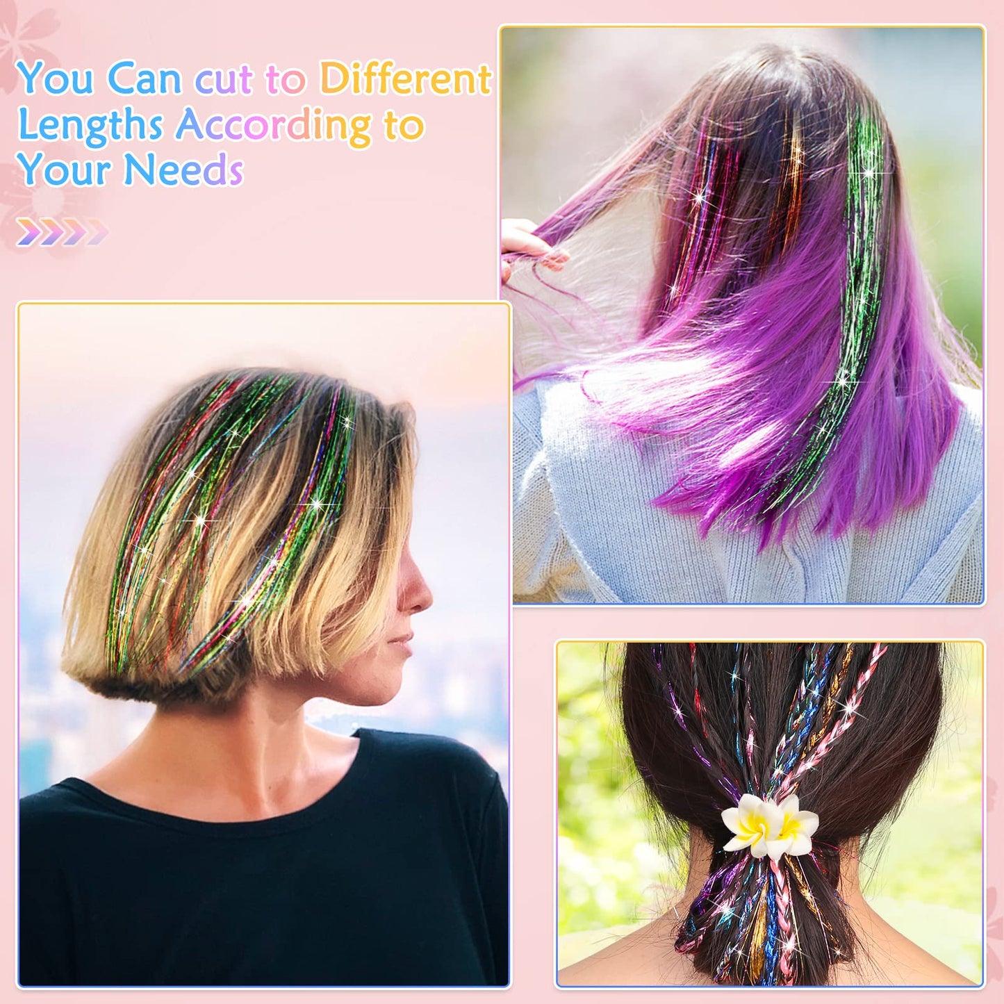 14 Colors 3000 Strands Hair Tinsel Extensions, 47 Inch Glitter Hair Extension Fairy Hair Tinsel Strands Kit, Holographic Dazzle Colour Straight Hair Extensions for Women Girls Party Cosplay