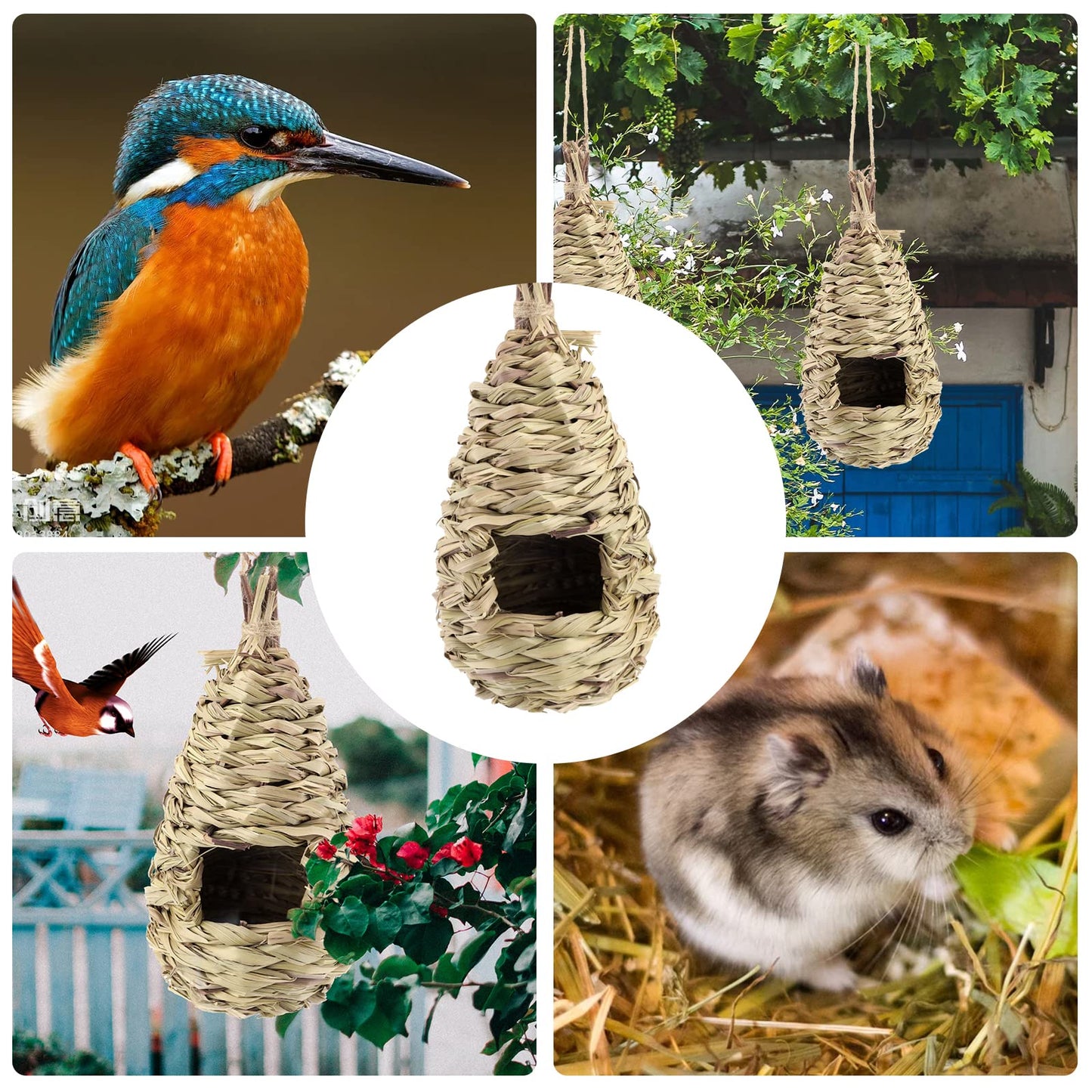 3 Pcs Bird Nest,Hummingbird House for Outside Hanging,Roosting Pouches for Birds,Grass Hanging Wren Finch Song Birds House for Nesting,Hand Woven Bird Nesting Boxes,for Garden Decoration,24x10.5 cm 3 Pcs Bird Nest