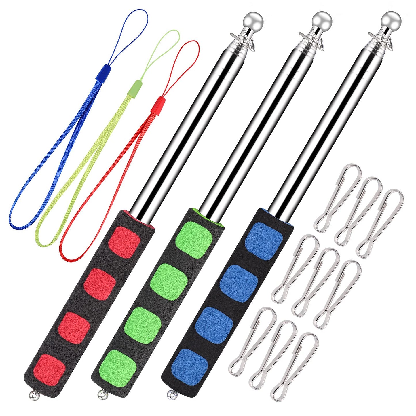 3pcs Telescopic Flag Pole, Portable Telescopic Pole for Camping with Lanyard and 9 Clips, 1.6m Flag Poles Telescopic Stick for Tourist Guide Camping Travelling Presentation Pointer (Red, Green, Blue)