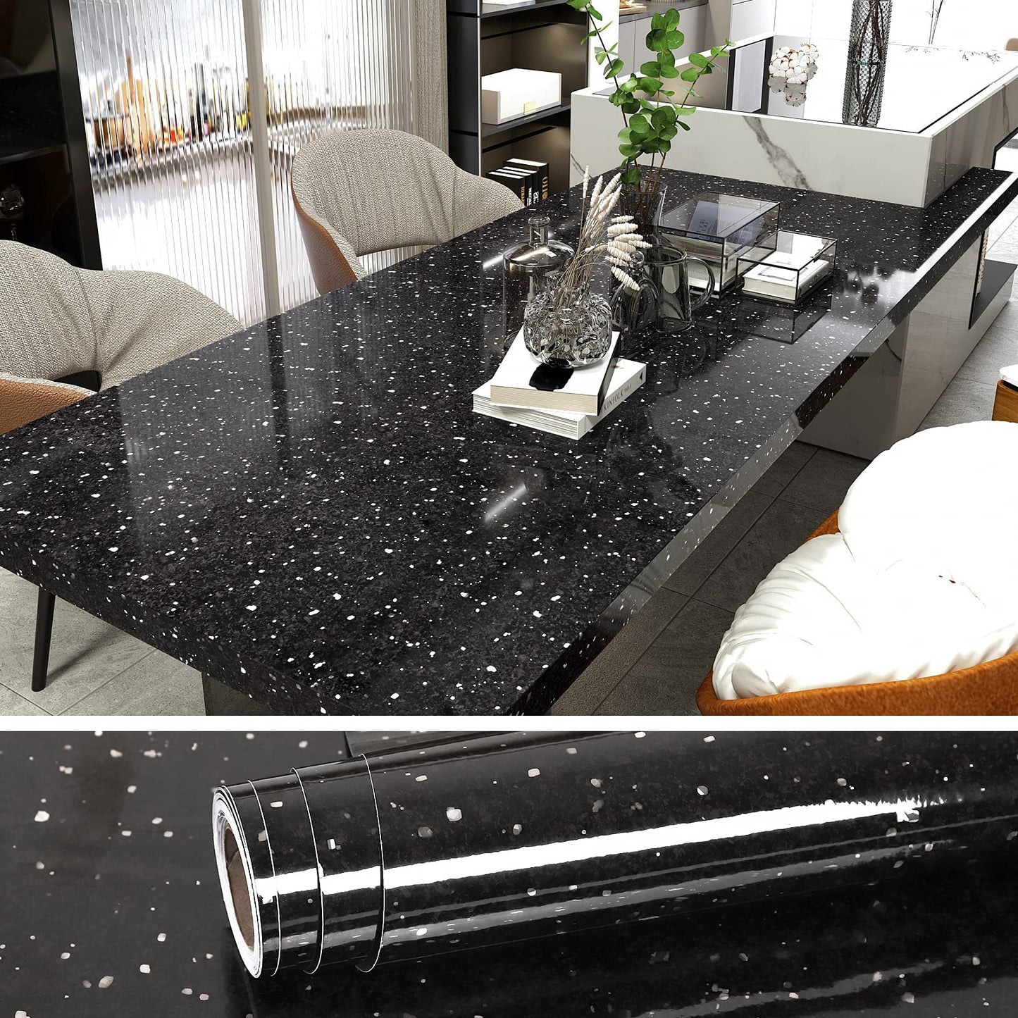 VEELIKE Black Granite Wallpaper Self Adhesive for Living Room Waterproof Oilproof 40cm x 300cm Sticky Back Plastic Kitchen Contact Paper Peel and Stick for Countertops Worktop Vinyl Covering 300W x 40L cm