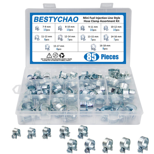 BESTYCHAO Mini Fuel Injection Hose Clamps Zinc Plated 85pcs 7-18mm Range Adjustable Hose Clips Assortment Petrol Pipe Clamps for Automobiles, Tractors, and Other Areas (Sliver) Sliver