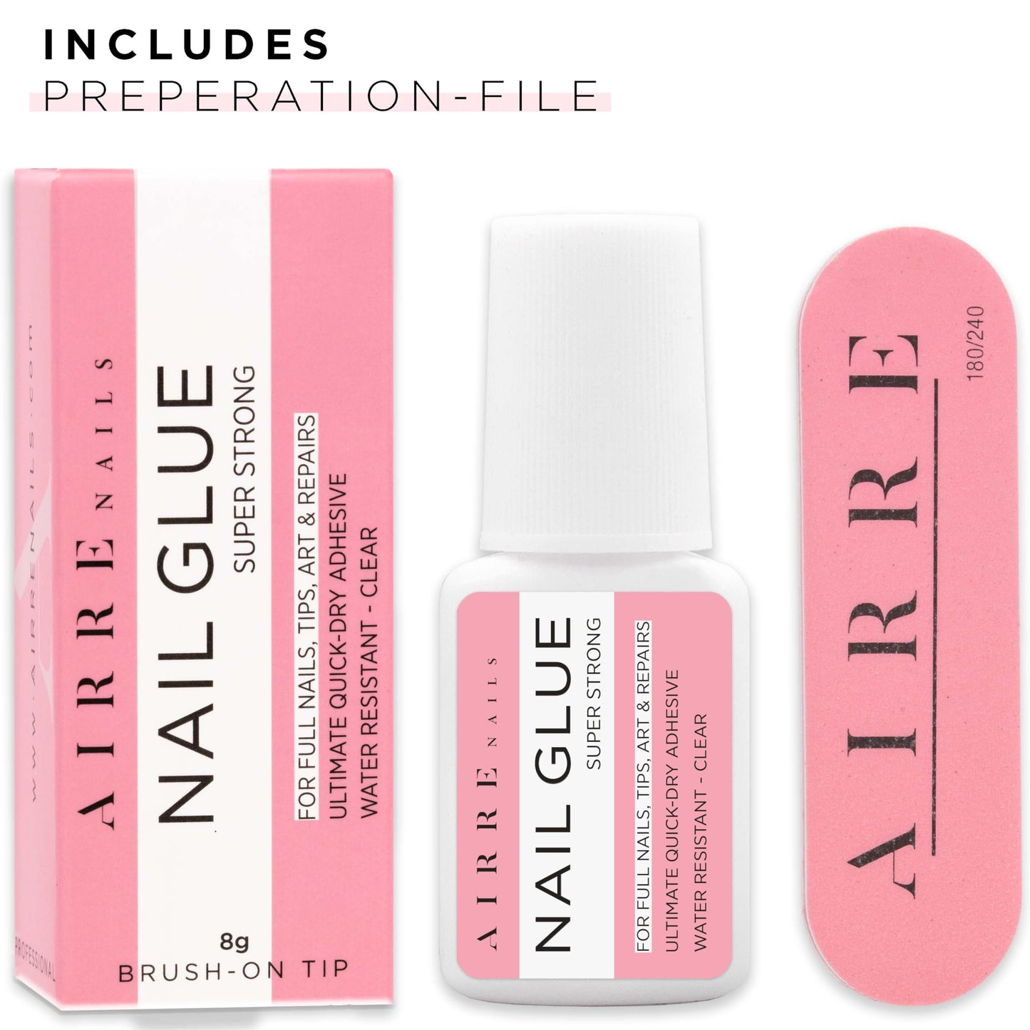 AIRRE Extra Strong Nail Glue for Nail Tips, Press-On Nails & Acrylic Nails (8ml) Brush-On Nail Glue & File for Glue-On Fake Nails, Fix Broken Nail Repair. Acrylic Nail Glue Nail Bond Nail Glue Gel