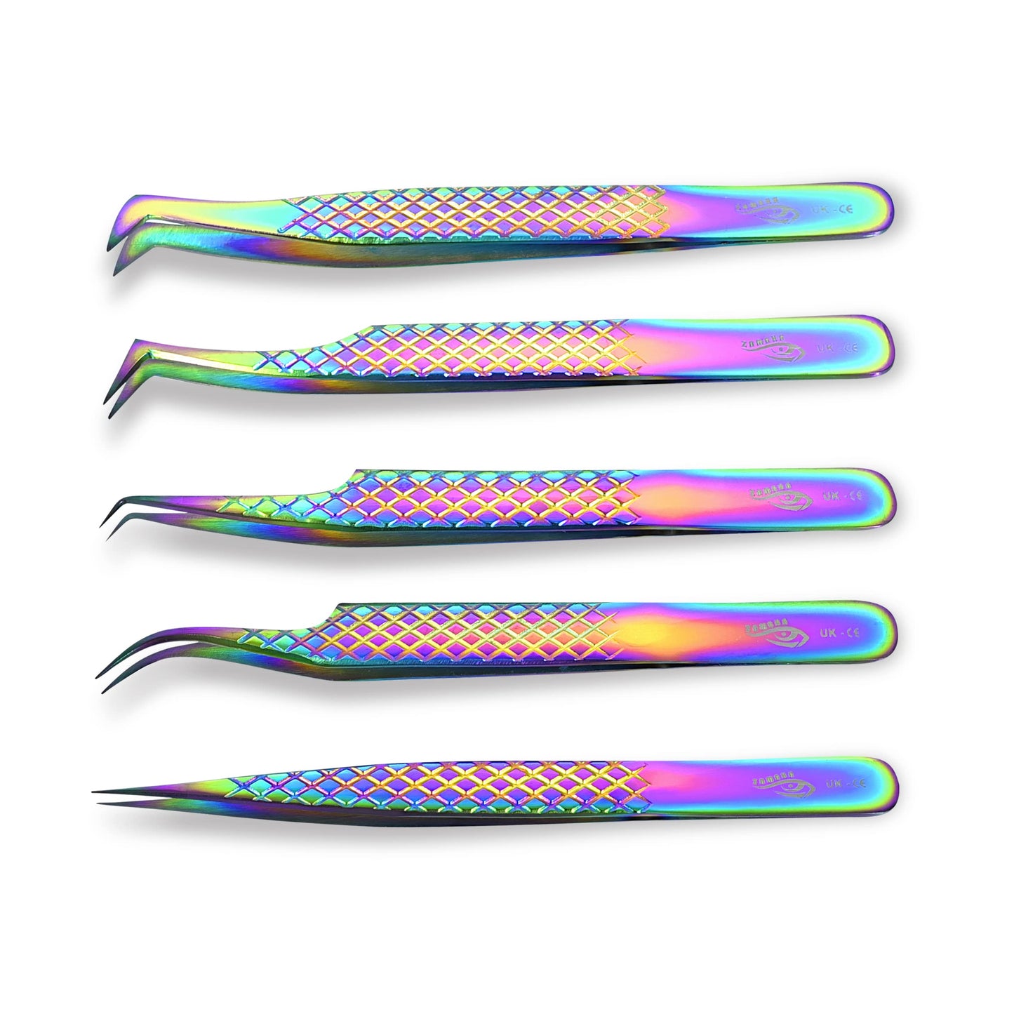 ZAMAHA UK Lash Eyelash Extension Tweezers Set of 5, Japanese Stainless Steel Tools Straight Curved 45 90 Degree Angled Tip, Volume Tweezers Precision (Rainbow Multi)