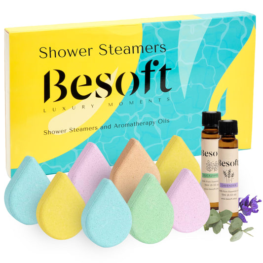 Besoft Shower Steamers Aromatherapy Set - 8 Shower Bombs with 2 Lavender and Eucalyptus Essential Oils | Gifts for her and Relaxation Gift for Woman | Gift Set