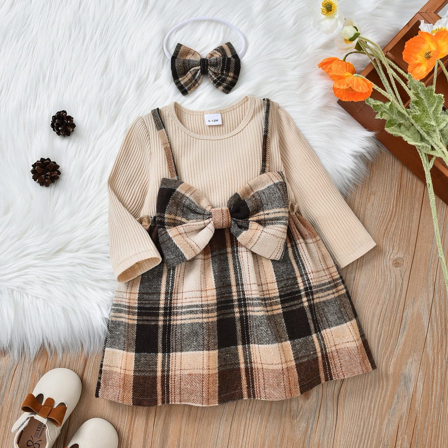 Alunsito Baby Girl Clothes Long Sleeve Bow Dress Solid Ribbed Knit Dress Splicing Strap Plaid Skirt + Headband 2pcs Outfit 18-24 Months Brown