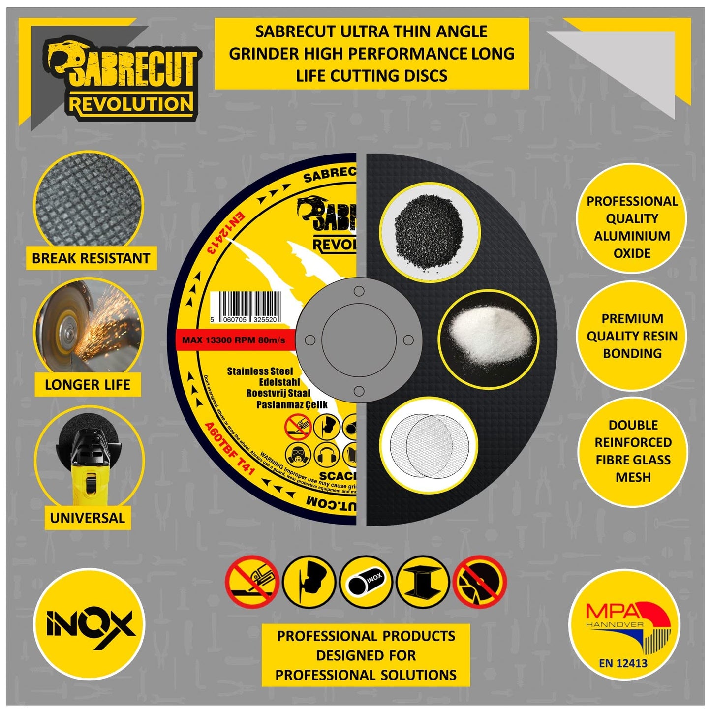 12 x SabreCut SCACD125AT 125mm (5") x 22.23mm Bore Abrasive Stainless Steel INOX Cutting Angle Grinder Circular Saw Discs Box Set Compatible with Bosch Dewalt Makita Milwaukee and Many Others