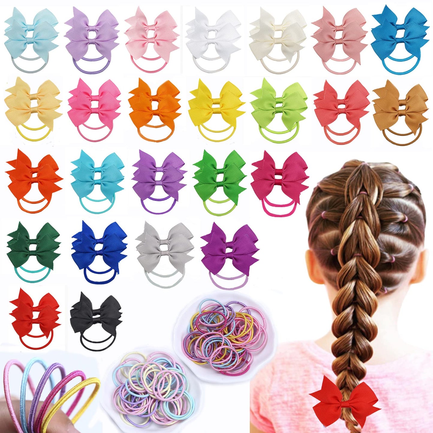 50Pcs Kids Bow Hair Bands, 2.36 Inch Kids Hair Bows Baby Hair Ties for Girls and 100pcs Small Elastic Hair Bands, Ponytail Bow Hair Bow Bobbles for Girls Toddler Kids