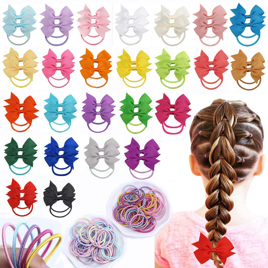 50Pcs Kids Bow Hair Bands, 2.36 Inch Kids Hair Bows Baby Hair Ties for Girls and 100pcs Small Elastic Hair Bands, Ponytail Bow Hair Bow Bobbles for Girls Toddler Kids