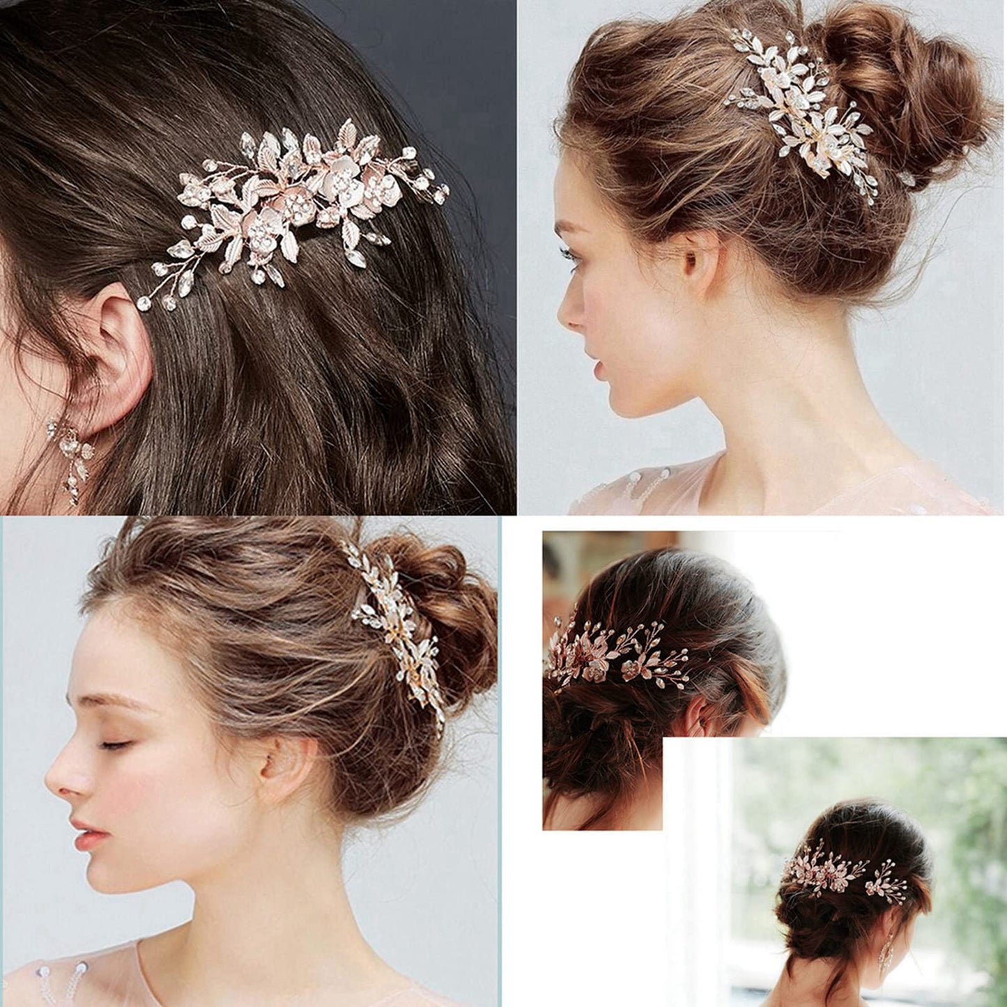 Wedding Hair Clip Hair Accessories for Women Handmade Flower Rhinestone Headpiece Hair Pins for Bridal Bridesmaid Girls (Rose Gold) Rose Gold