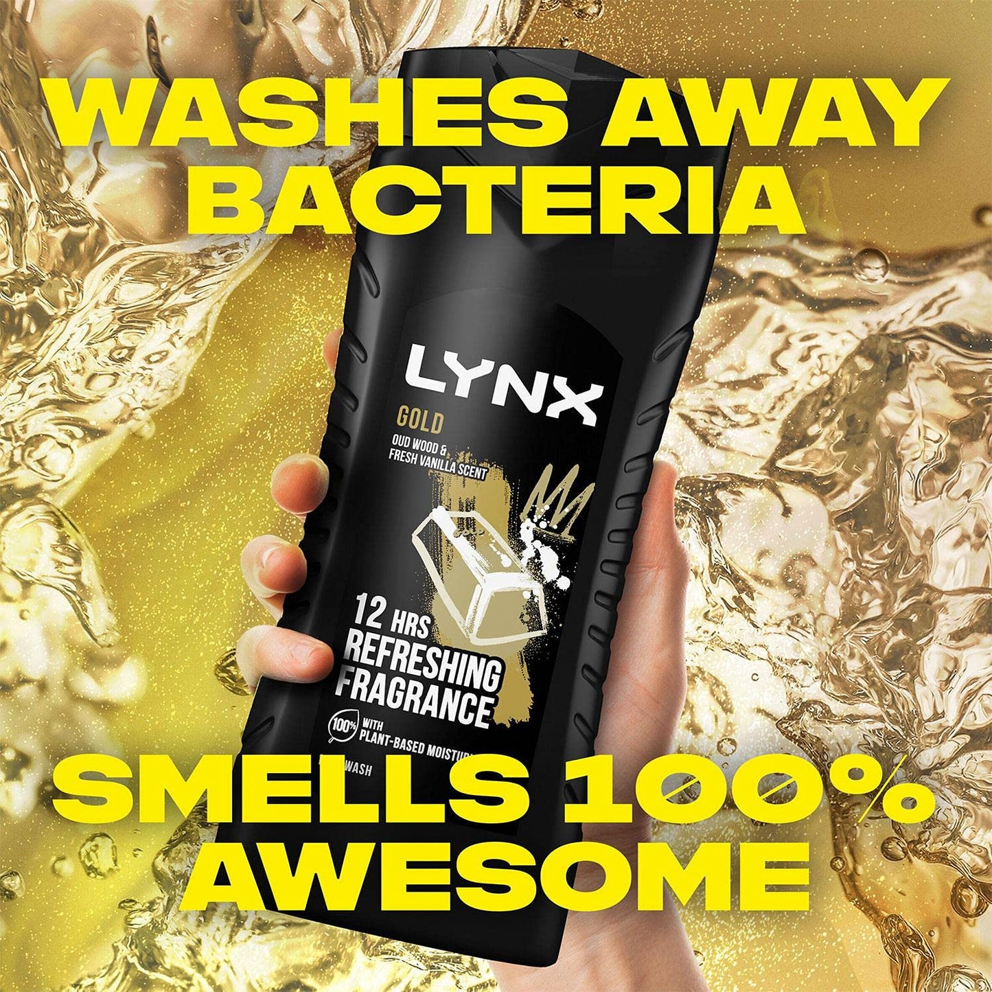 3 Pack of Lynx 12 Hour Refreshing Fragrance Gold Oud Wood and Vanilla Body wash with Plant-based Moisturisers & Dual Action Power, Keep Smelling Irresistible! 225 ml (Pack of 3)