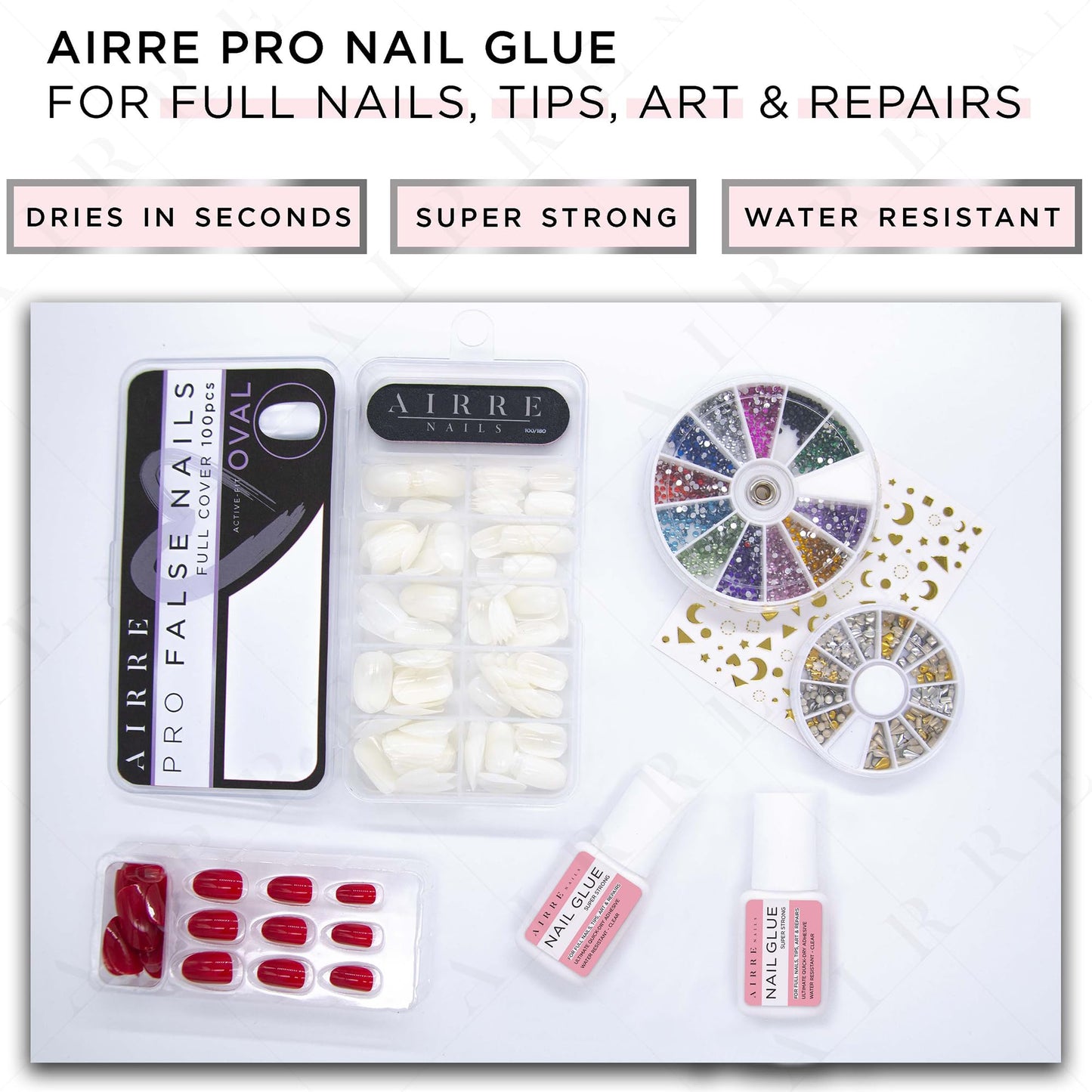 AIRRE Extra Strong Nail Glue for Nail Tips, Press-On Nails & Acrylic Nails (8ml) Brush-On Nail Glue & File for Glue-On Fake Nails, Fix Broken Nail Repair. Acrylic Nail Glue Nail Bond Nail Glue Gel