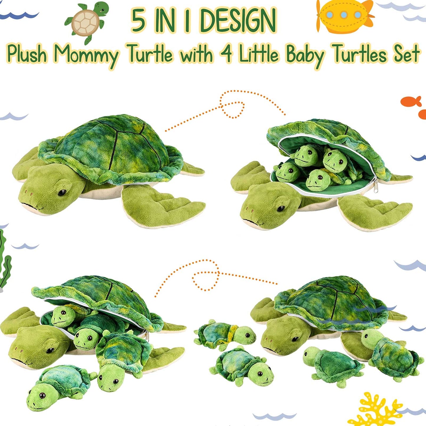 Aoriher 5 Pieces Plush Turtle Set Stuffed Turtle 12 Inch Stuffed Sea Turtle Mom with 4 Little Turtles Soft Plush Stuffed Animal Toys Tortoise Hugging for Birthday Easter, Christmas(Cute Style)