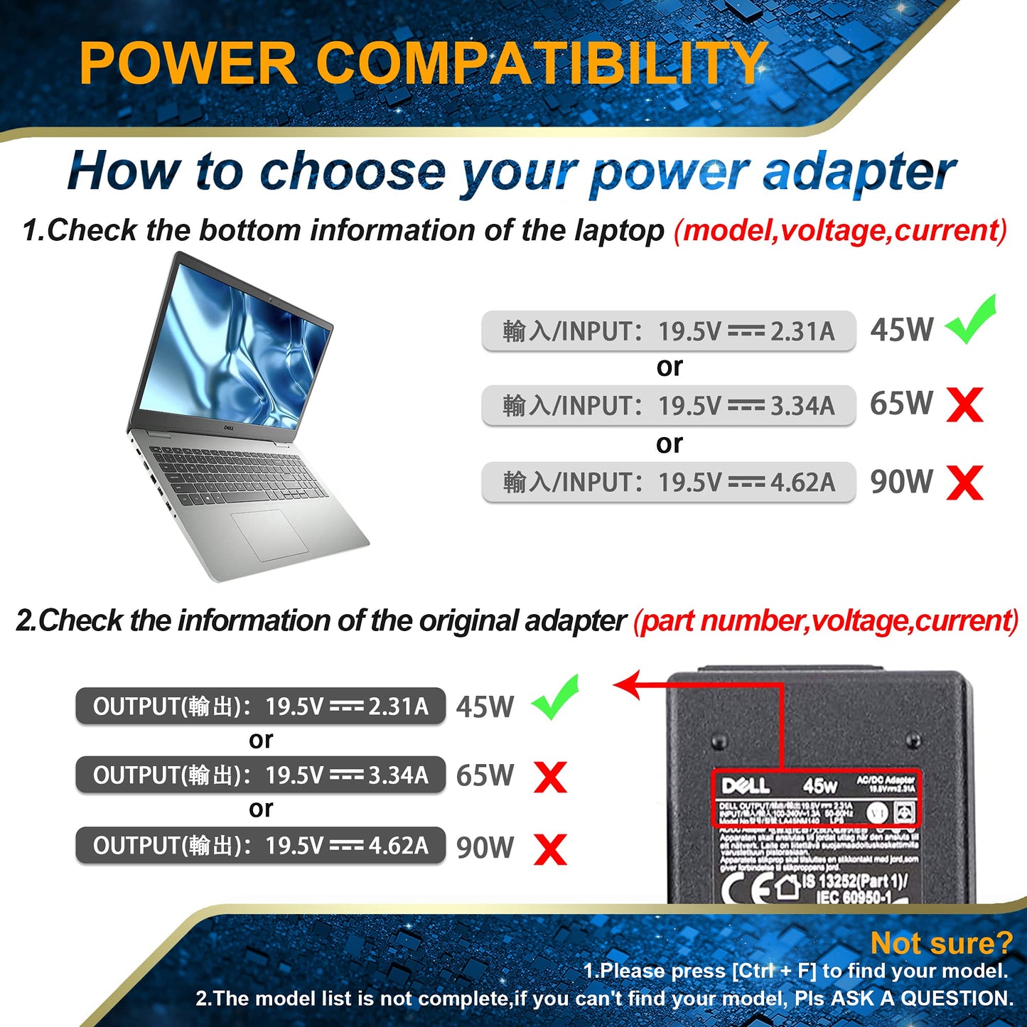 45W Laptop Charger Compatible with Dell Inspiron 15 11 13 17 3000 5000 7000 Series Vostro 15 14 13 5000 3000 Series 15-3552 3555 3558 3565 3567 5551 5552 5555 5558 5559 5565 5567 Power Supply Cord